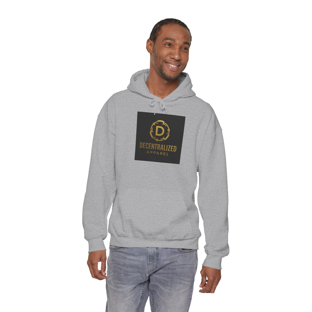 Decentralized Apparel Logo Hoodie – Gold Emblem Streetwear Sweatshirt
