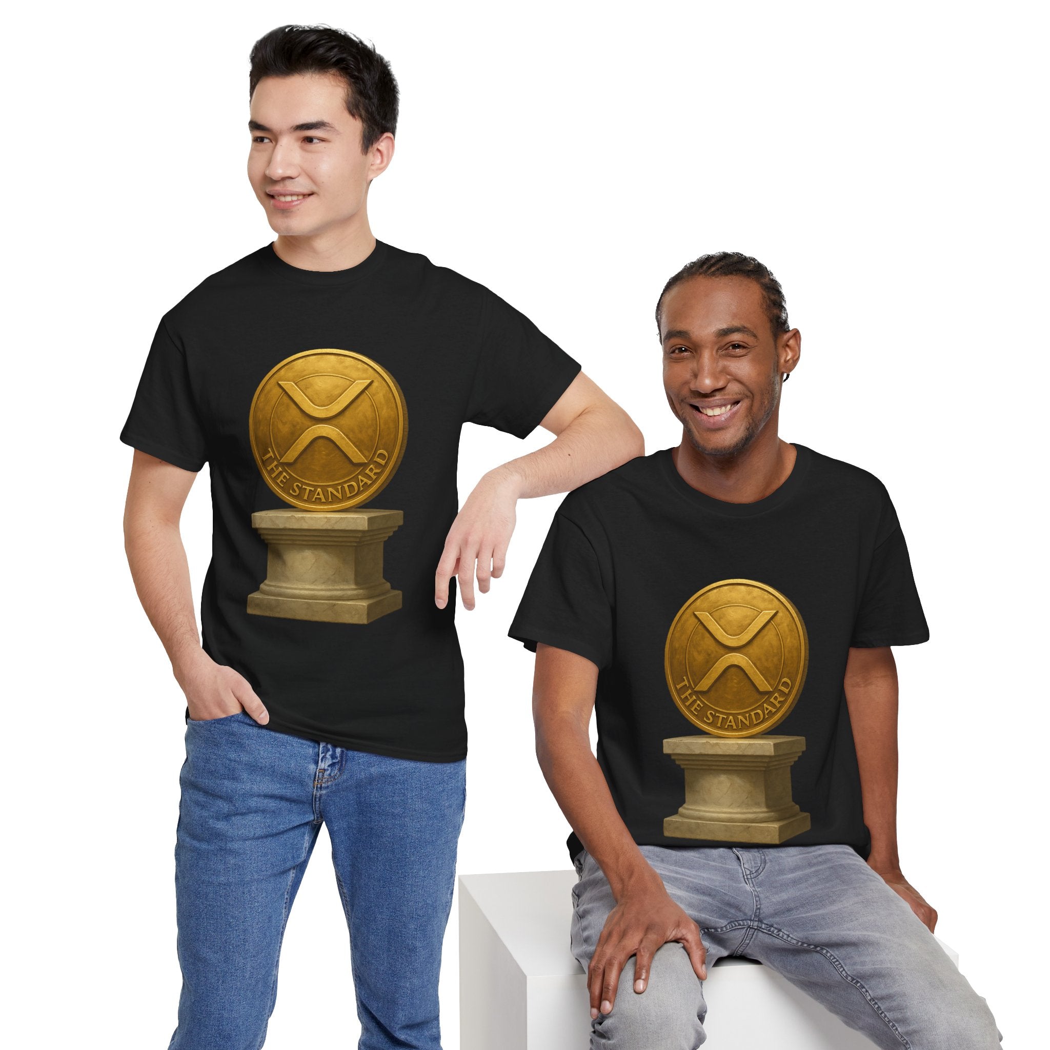 XRP Ledger Trophy T‑Shirt – Gold Ripple Coin on Pedestal Crypto Tee
