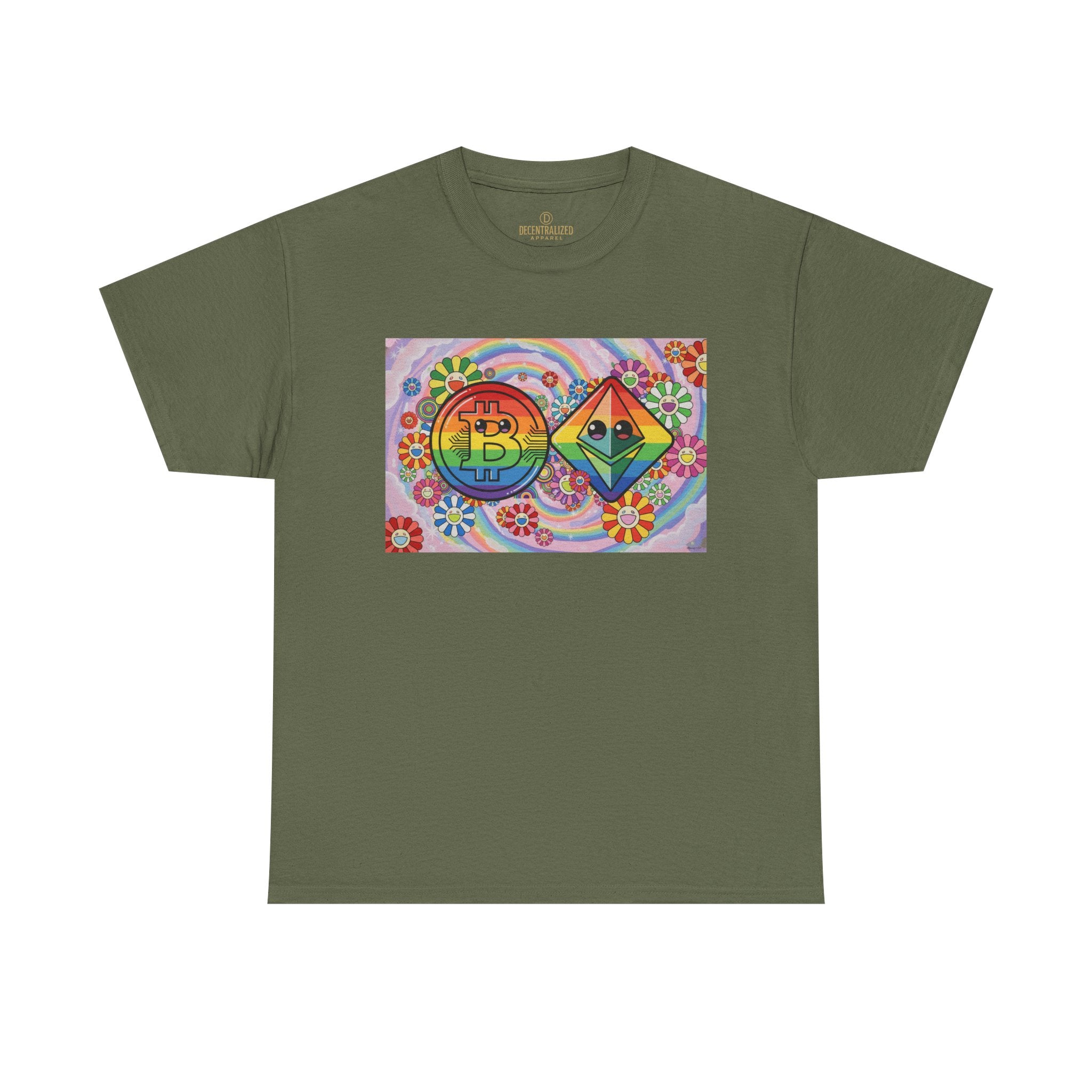 Crypto Rainbow T-Shirt — Bitcoin & Ethereum Hippie Art Tee