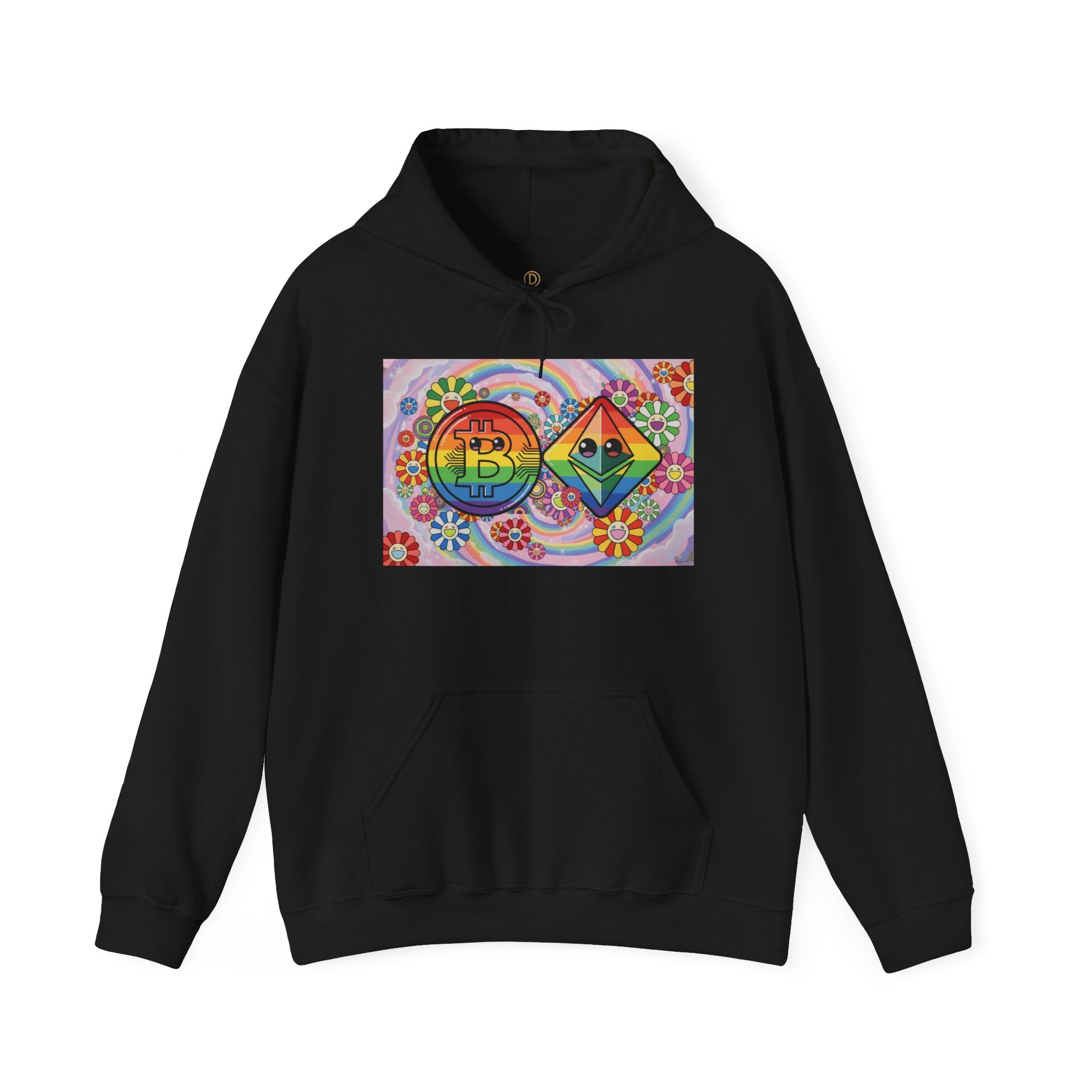 Crypto Flower Power Hoodie — Bitcoin & Ethereum Psychedelic Design