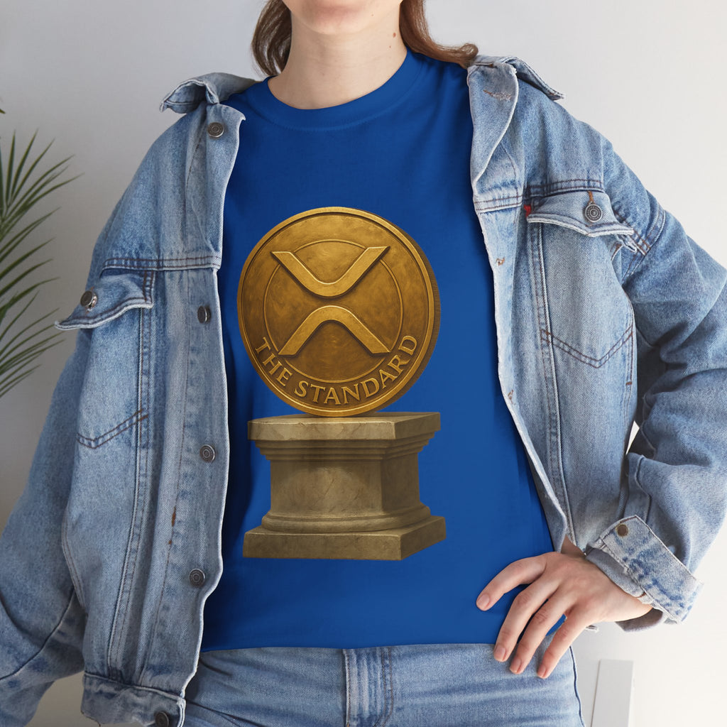 XRP Ledger Trophy T‑Shirt – Gold Ripple Coin on Pedestal Crypto Tee