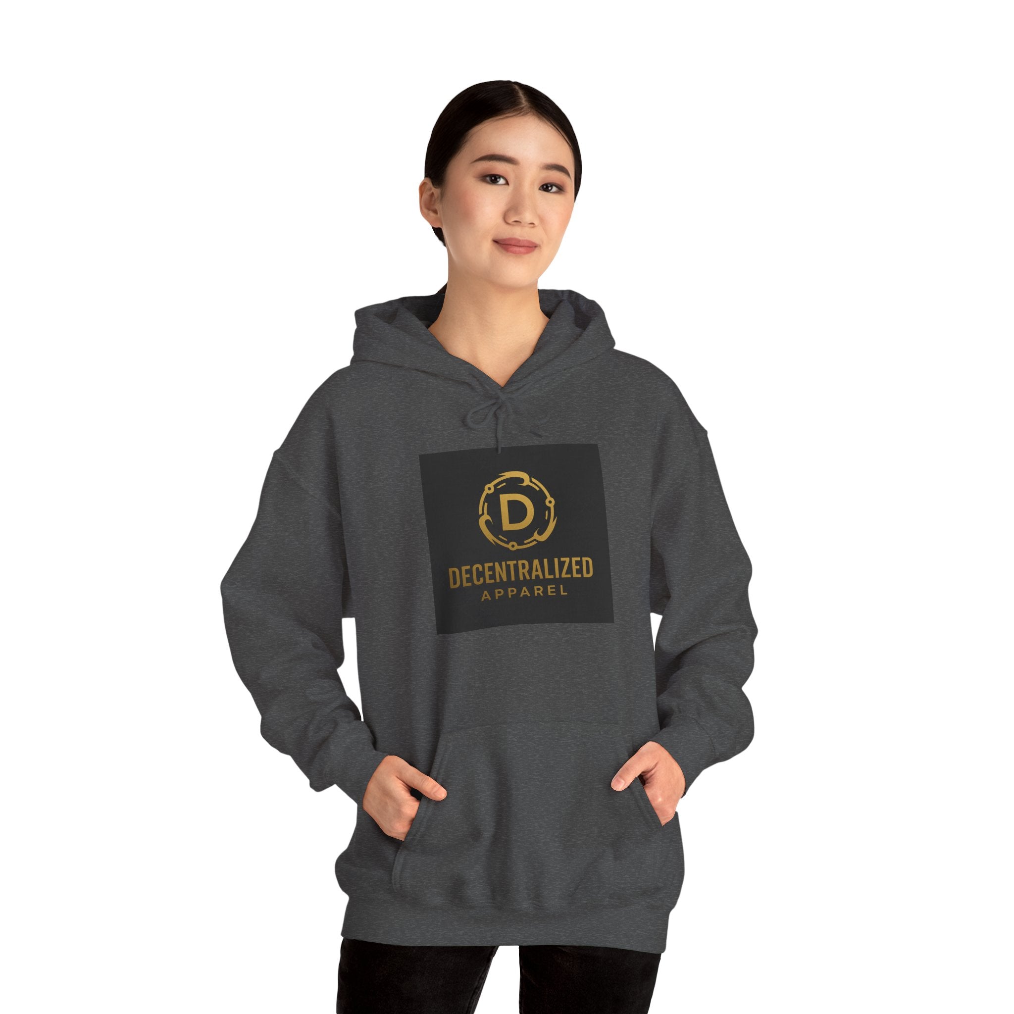 Decentralized Apparel Logo Hoodie – Gold Emblem Streetwear Sweatshirt