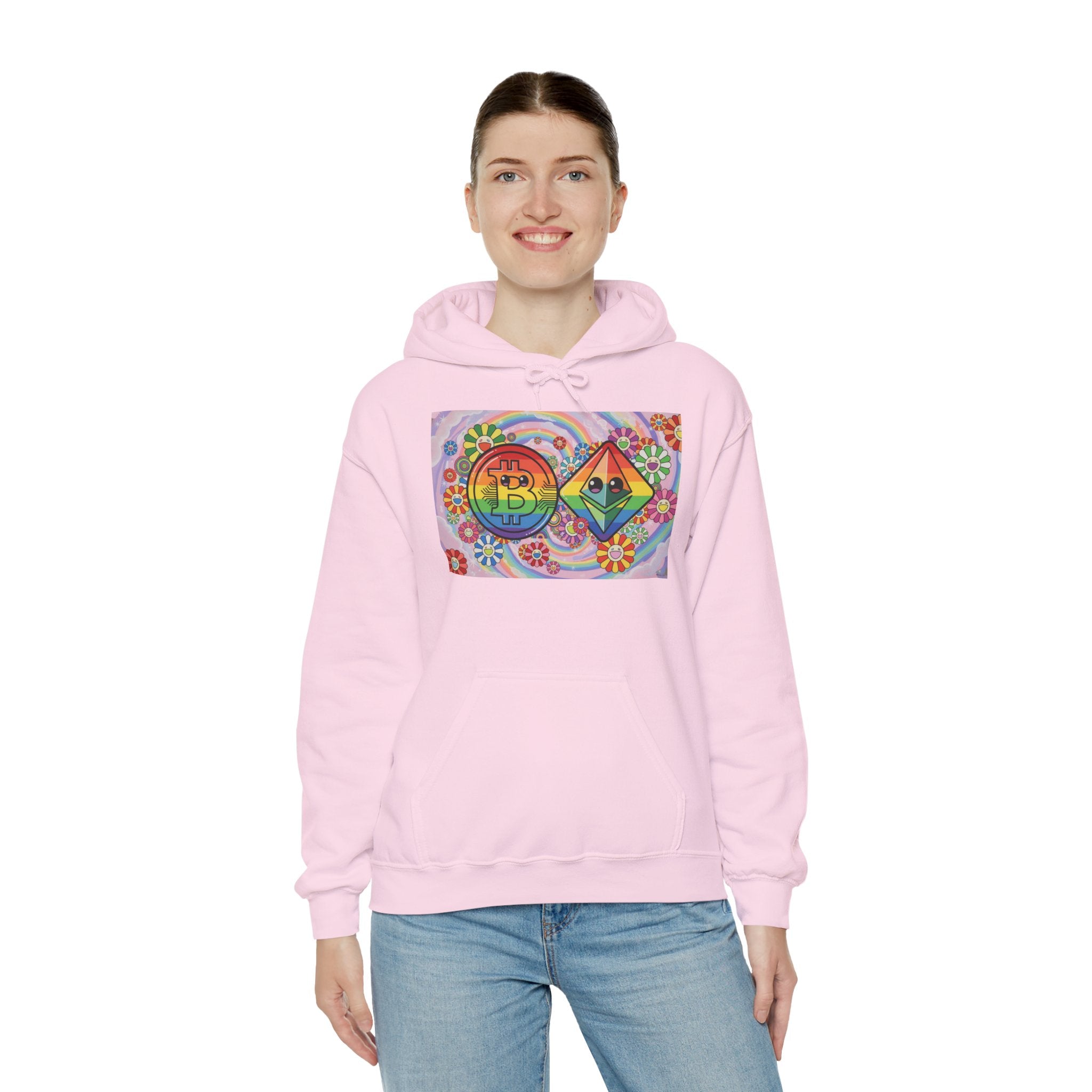 Crypto Flower Power Hoodie — Bitcoin & Ethereum Psychedelic Design