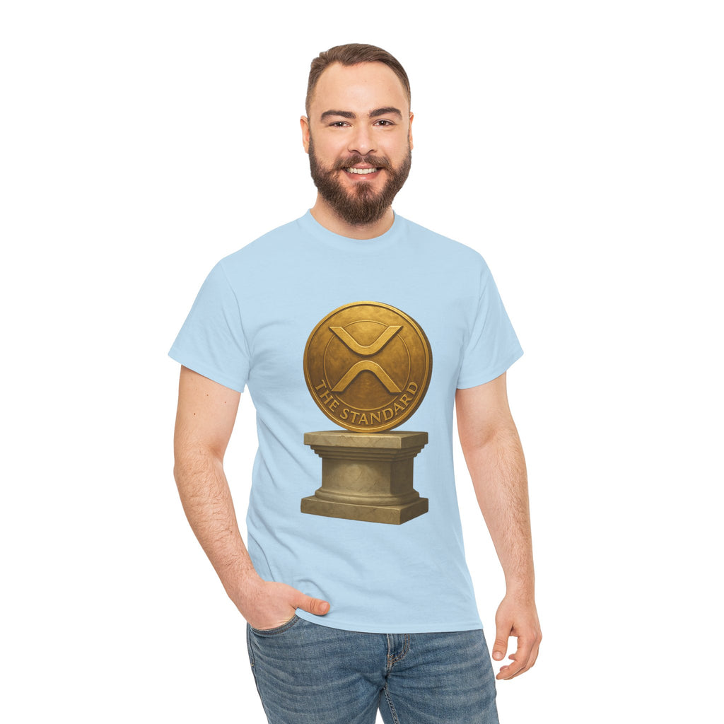 XRP Ledger Trophy T‑Shirt – Gold Ripple Coin on Pedestal Crypto Tee