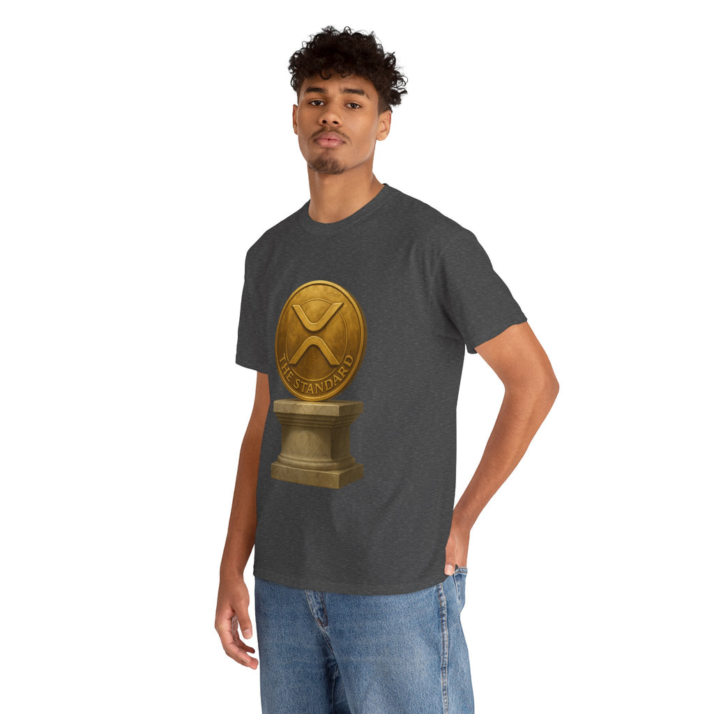 XRP Ledger Trophy T‑Shirt – Gold Ripple Coin on Pedestal Crypto Tee