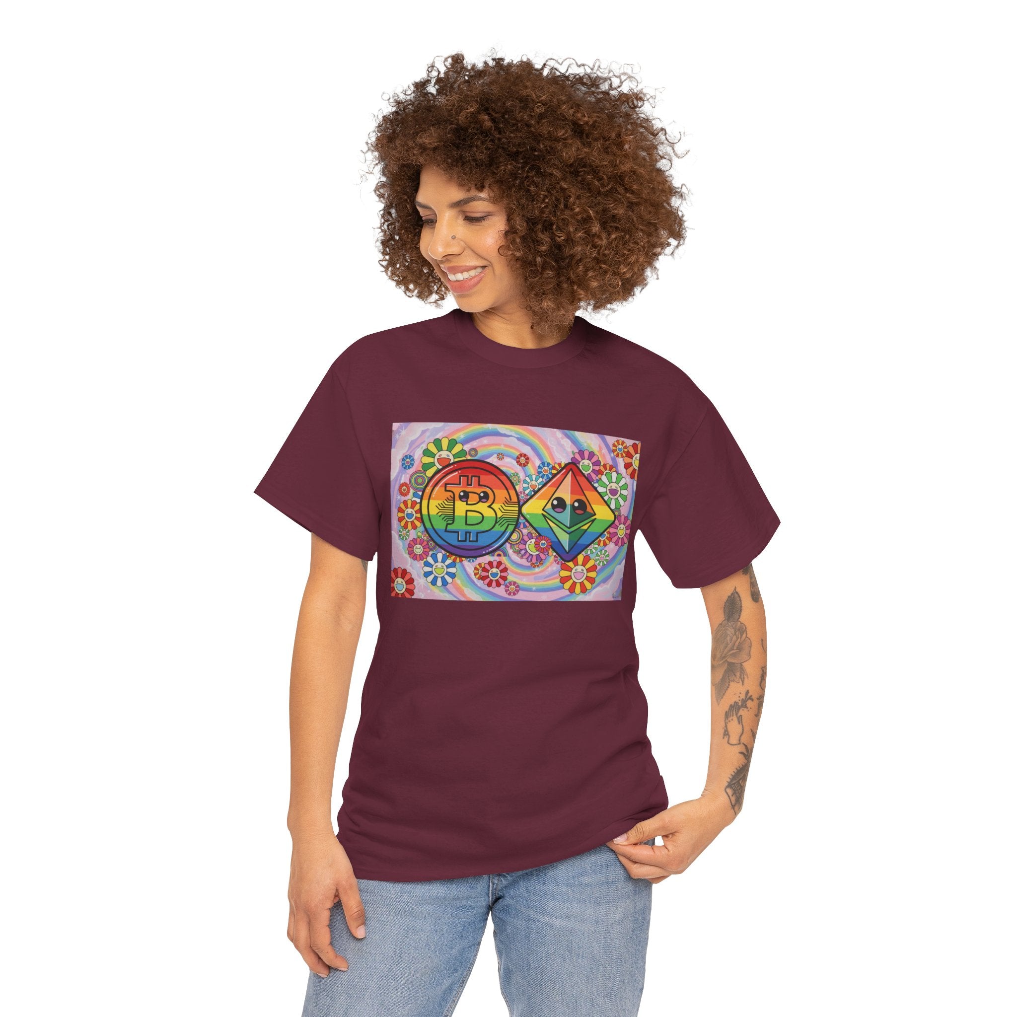 Crypto Rainbow T-Shirt — Bitcoin & Ethereum Hippie Art Tee