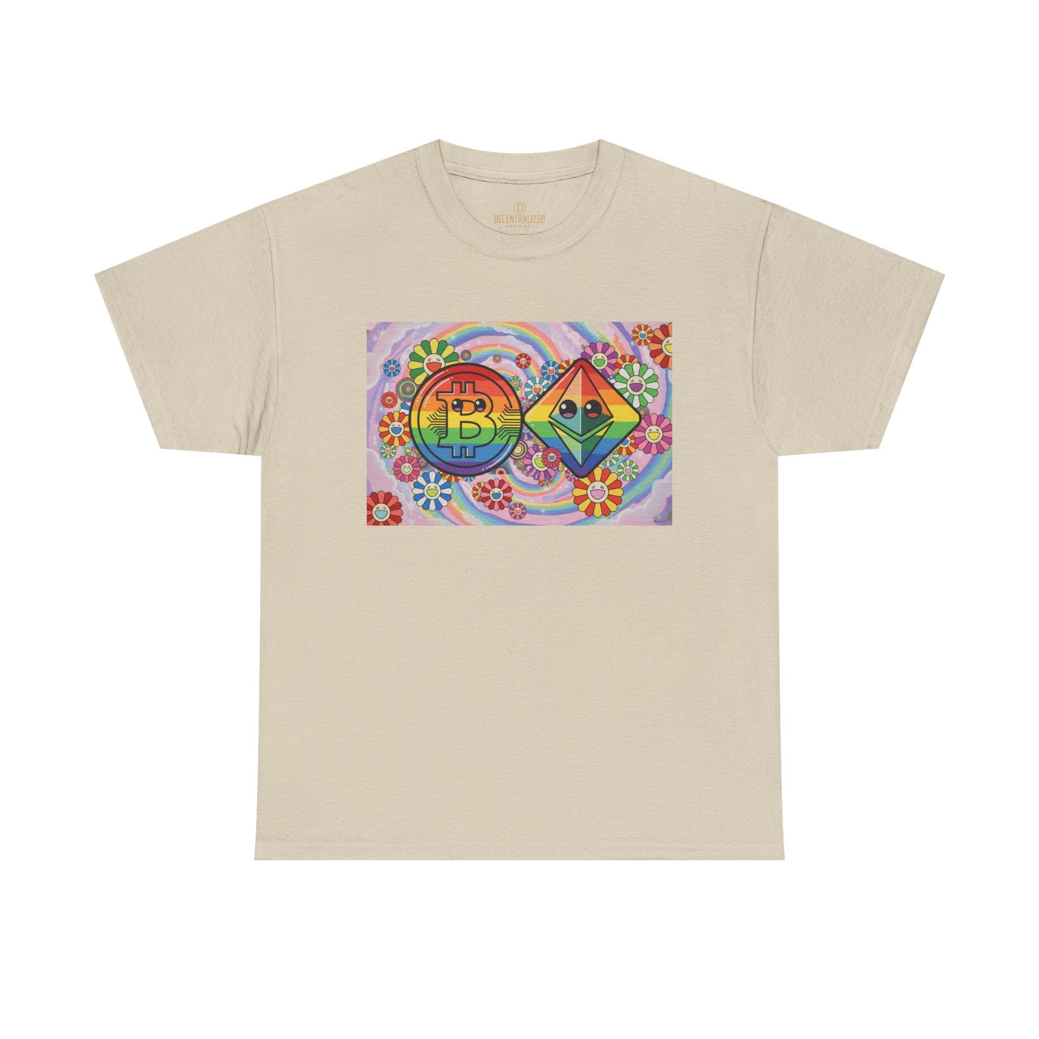 Crypto Rainbow T-Shirt — Bitcoin & Ethereum Hippie Art Tee
