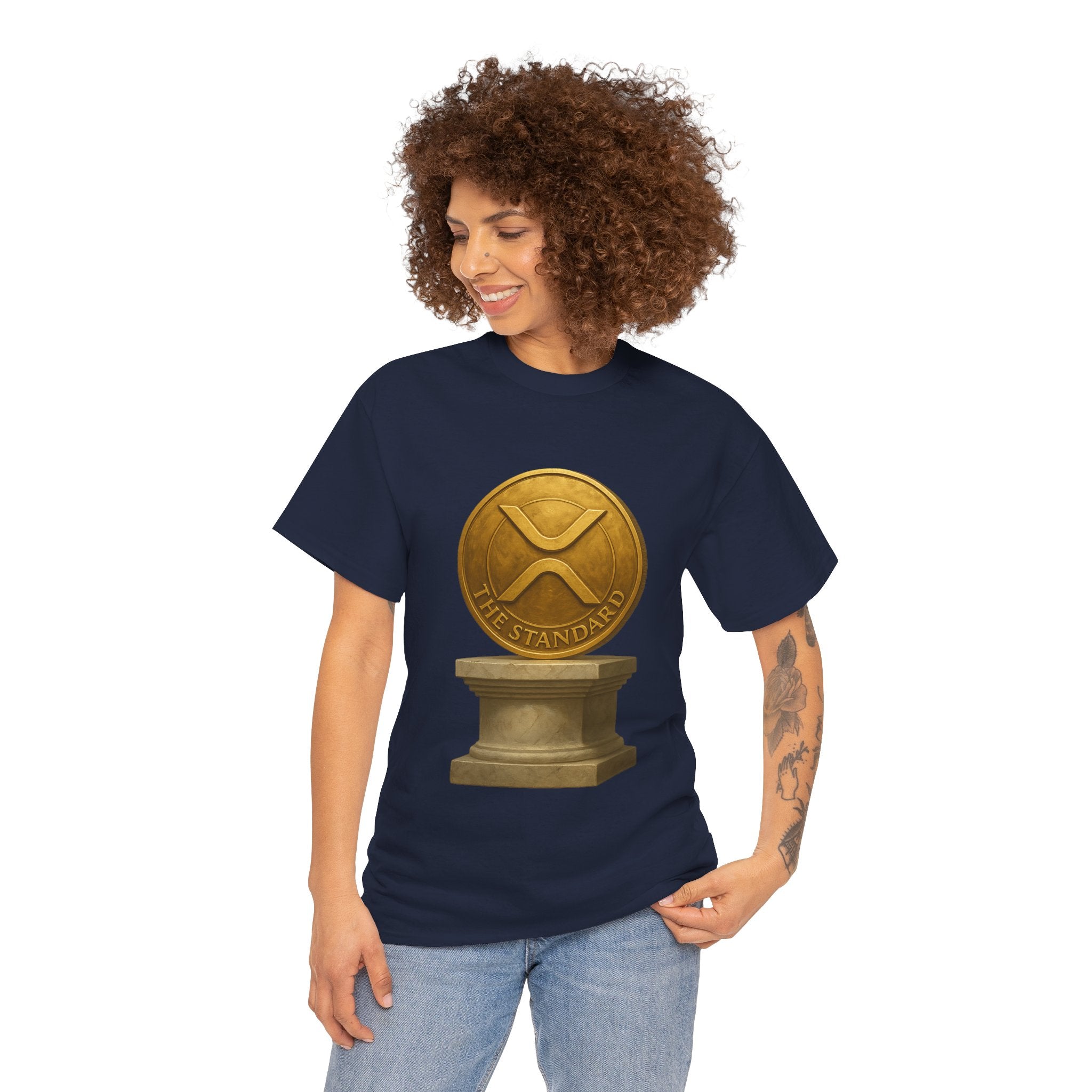 XRP Ledger Trophy T‑Shirt – Gold Ripple Coin on Pedestal Crypto Tee