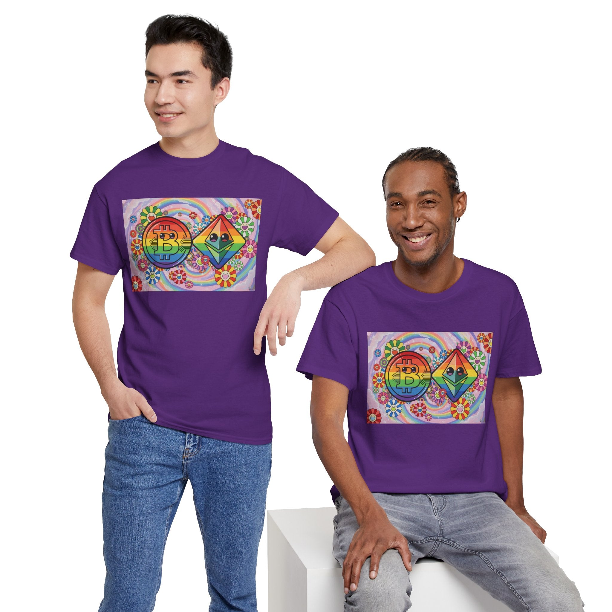 Crypto Rainbow T-Shirt — Bitcoin & Ethereum Hippie Art Tee