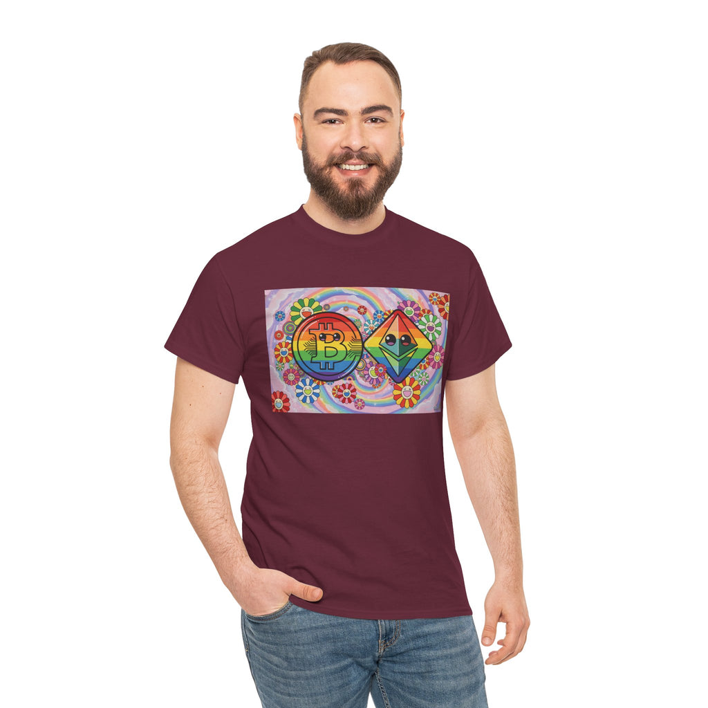 Crypto Rainbow T-Shirt — Bitcoin & Ethereum Hippie Art Tee