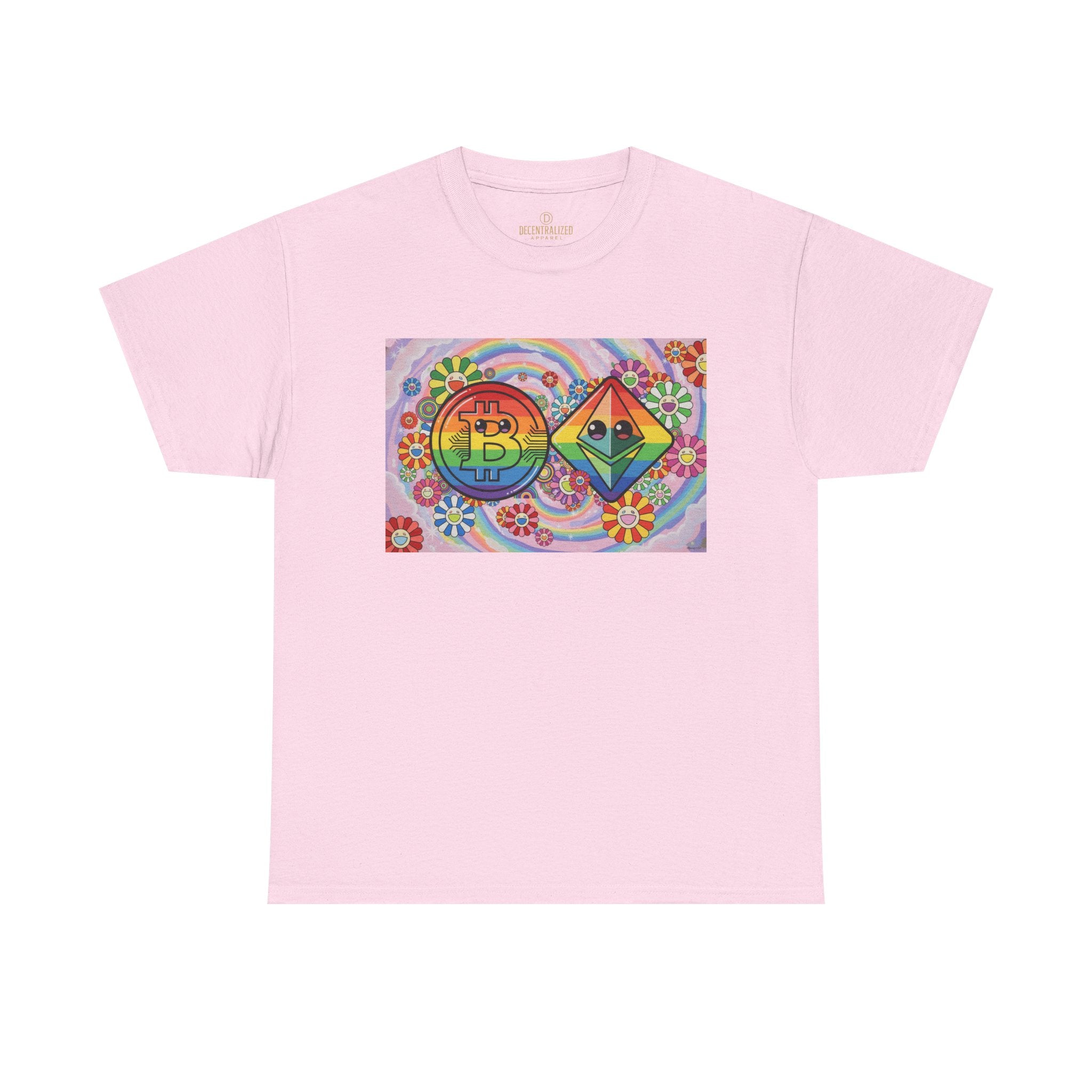 Crypto Rainbow T-Shirt — Bitcoin & Ethereum Hippie Art Tee