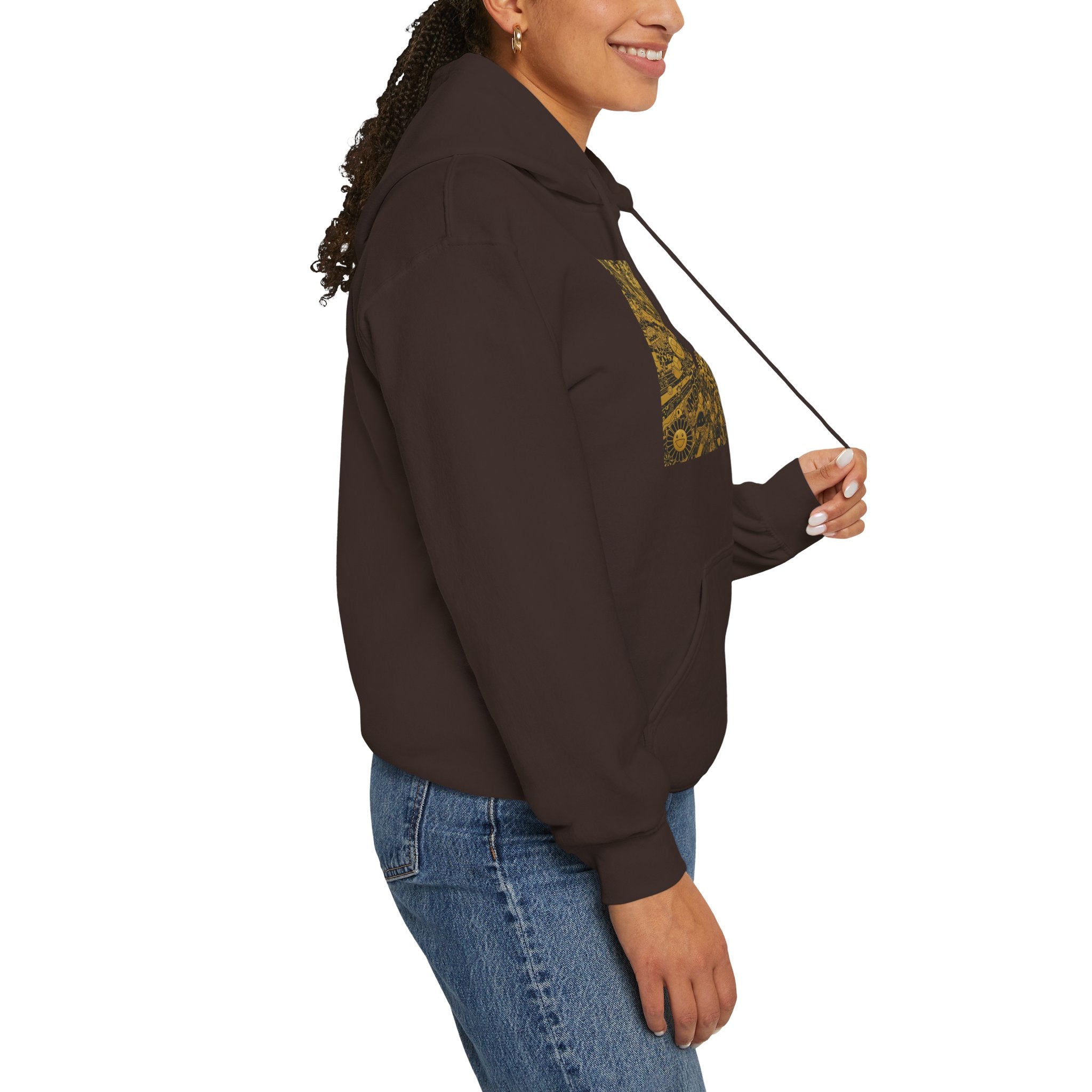 Solar Mandala Hoodie — Golden Sunburst Graphic Pullover