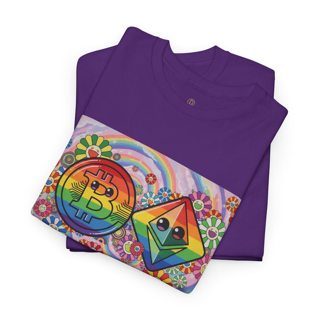 Crypto Rainbow T-Shirt — Bitcoin & Ethereum Hippie Art Tee