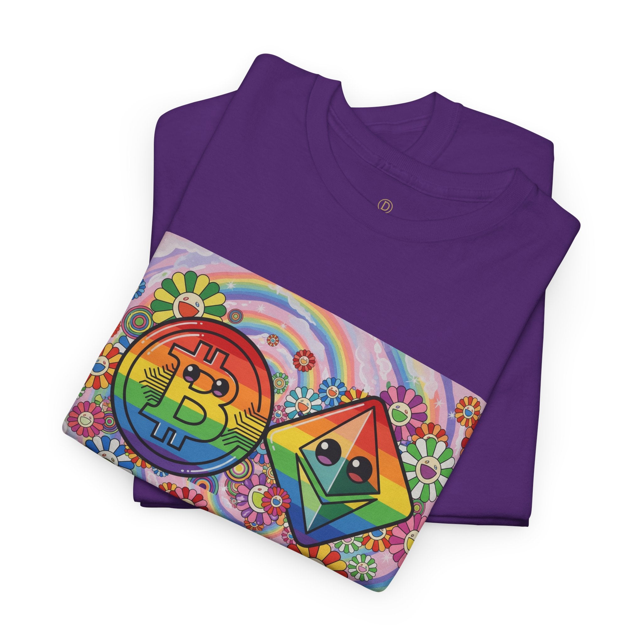 Crypto Rainbow T-Shirt — Bitcoin & Ethereum Hippie Art Tee
