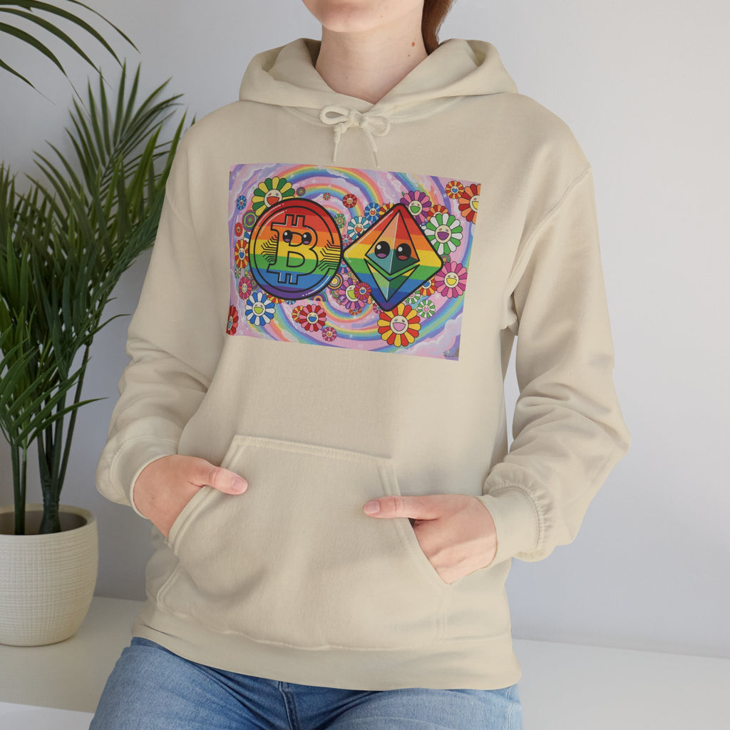 Crypto Flower Power Hoodie — Bitcoin & Ethereum Psychedelic Design
