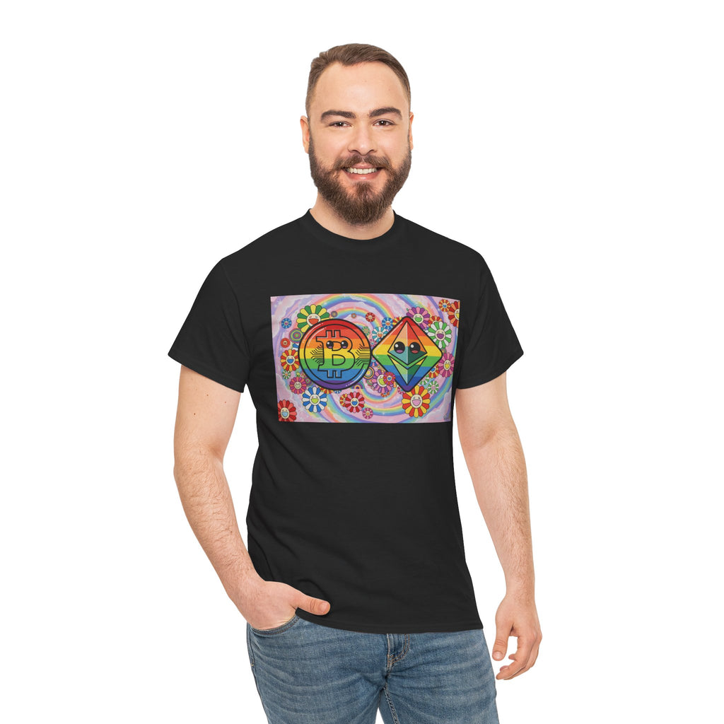 Crypto Rainbow T-Shirt — Bitcoin & Ethereum Hippie Art Tee