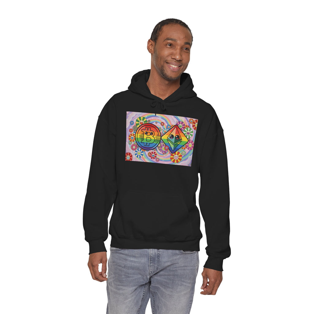 Crypto Flower Power Hoodie — Bitcoin & Ethereum Psychedelic Design