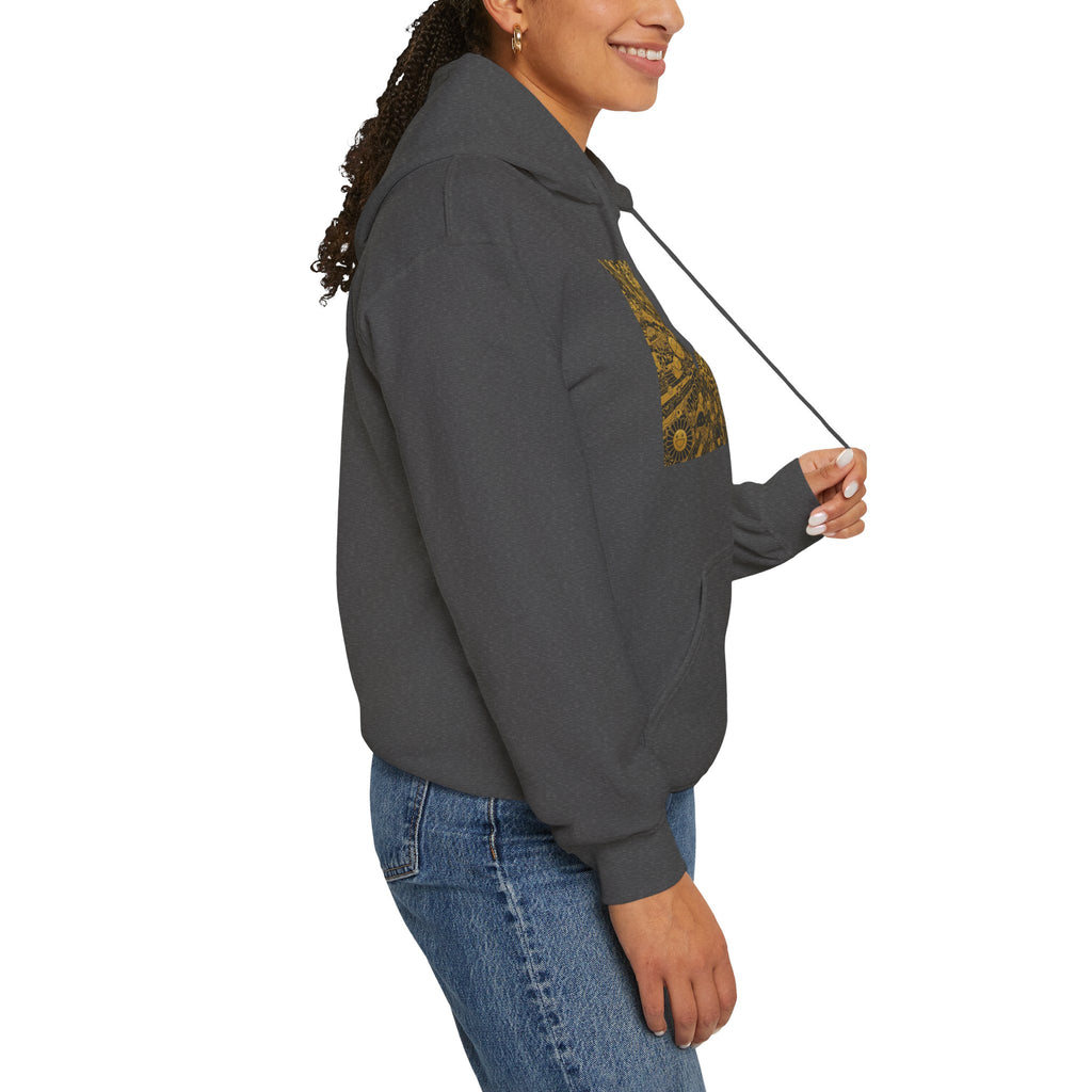 Solar Mandala Hoodie — Golden Sunburst Graphic Pullover