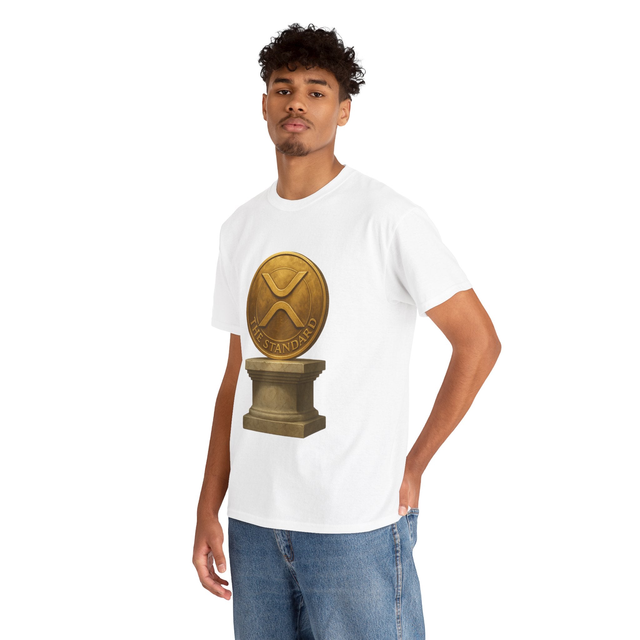 XRP Ledger Trophy T‑Shirt – Gold Ripple Coin on Pedestal Crypto Tee