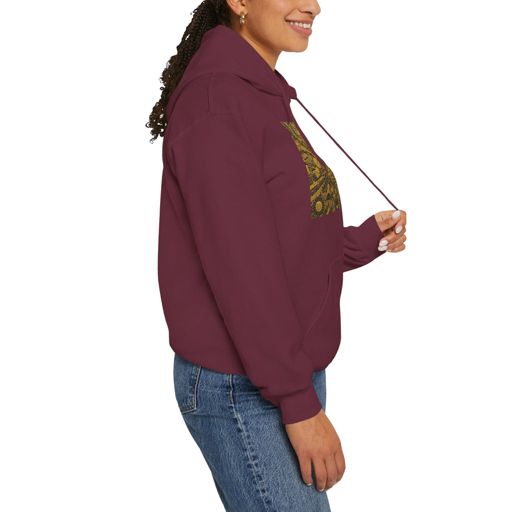 Solar Mandala Hoodie — Golden Sunburst Graphic Pullover