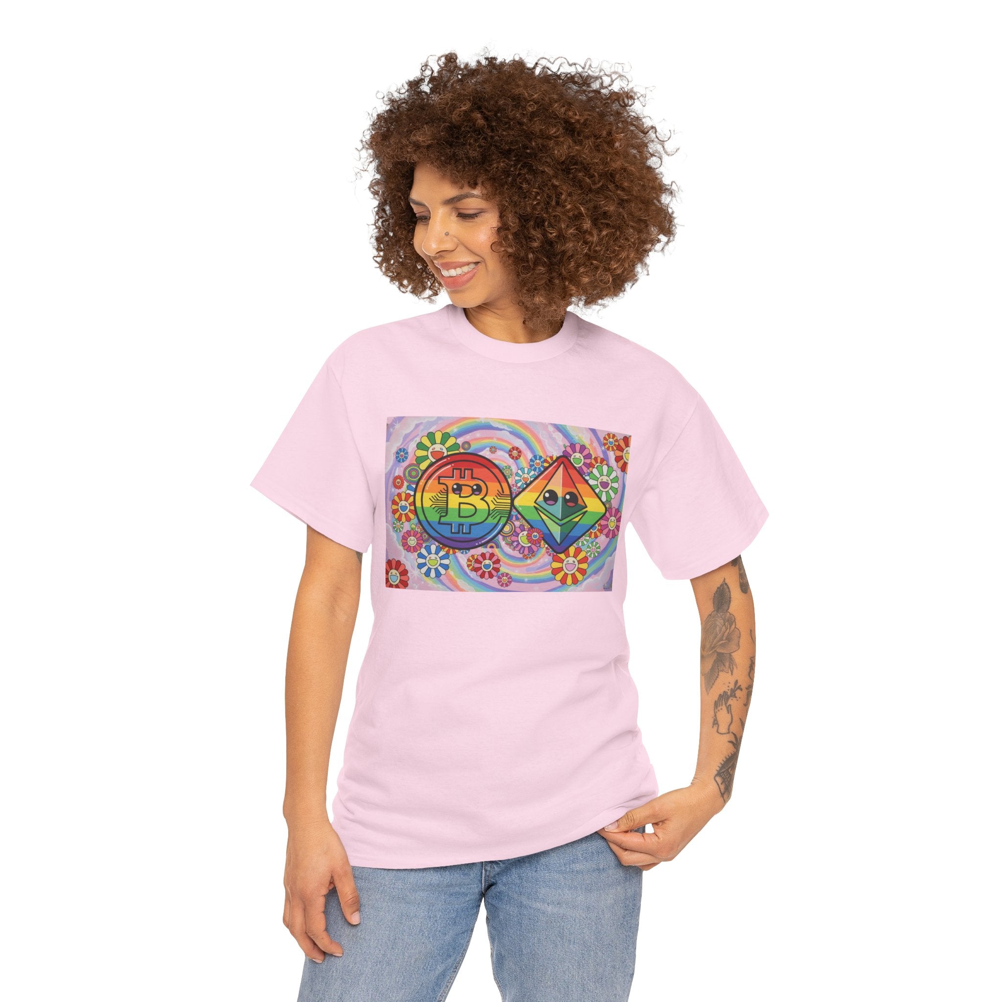Crypto Rainbow T-Shirt — Bitcoin & Ethereum Hippie Art Tee