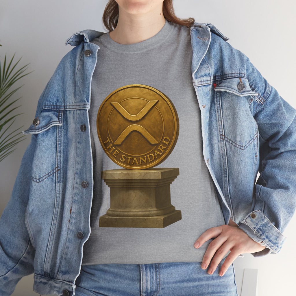 XRP Ledger Trophy T‑Shirt – Gold Ripple Coin on Pedestal Crypto Tee