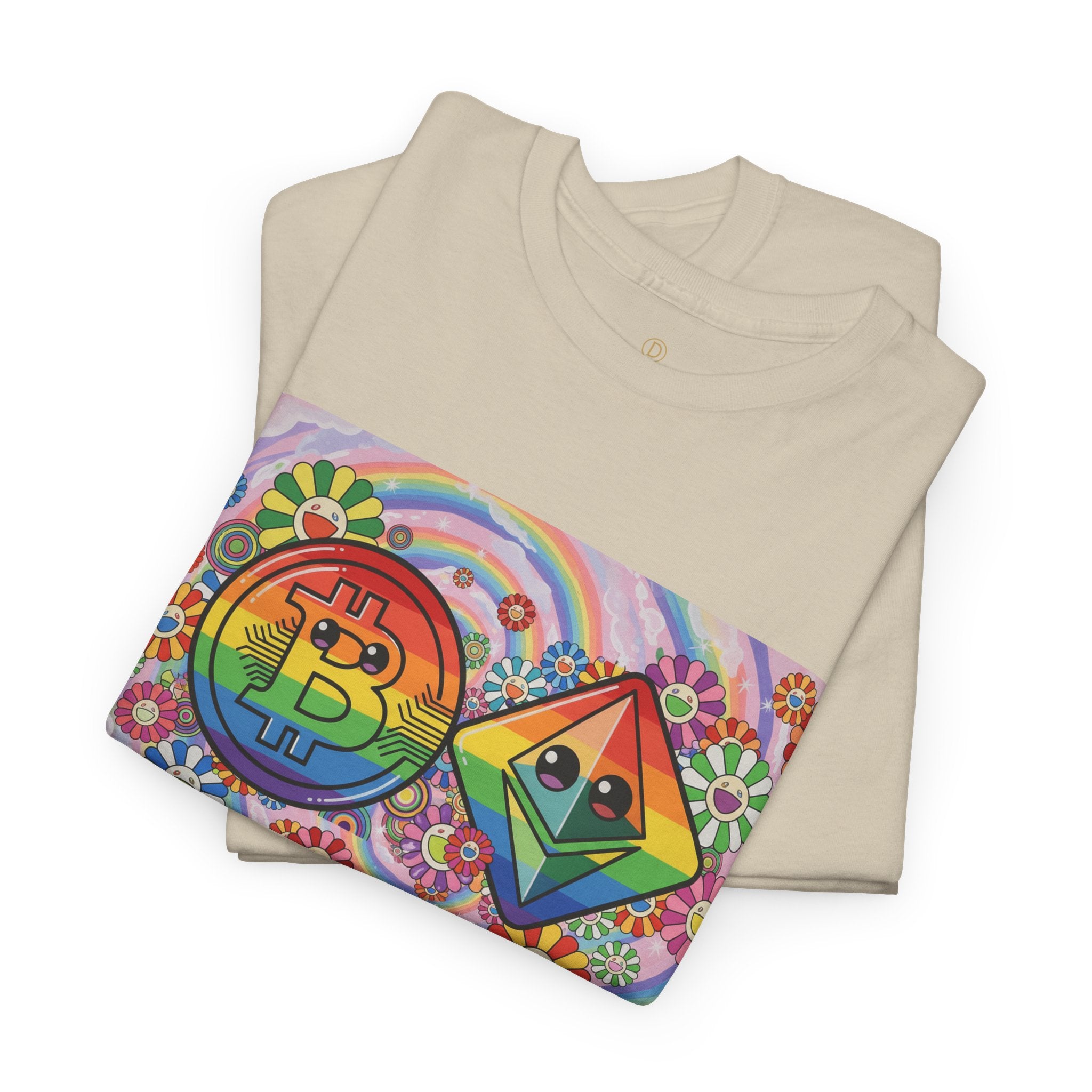 Crypto Rainbow T-Shirt — Bitcoin & Ethereum Hippie Art Tee