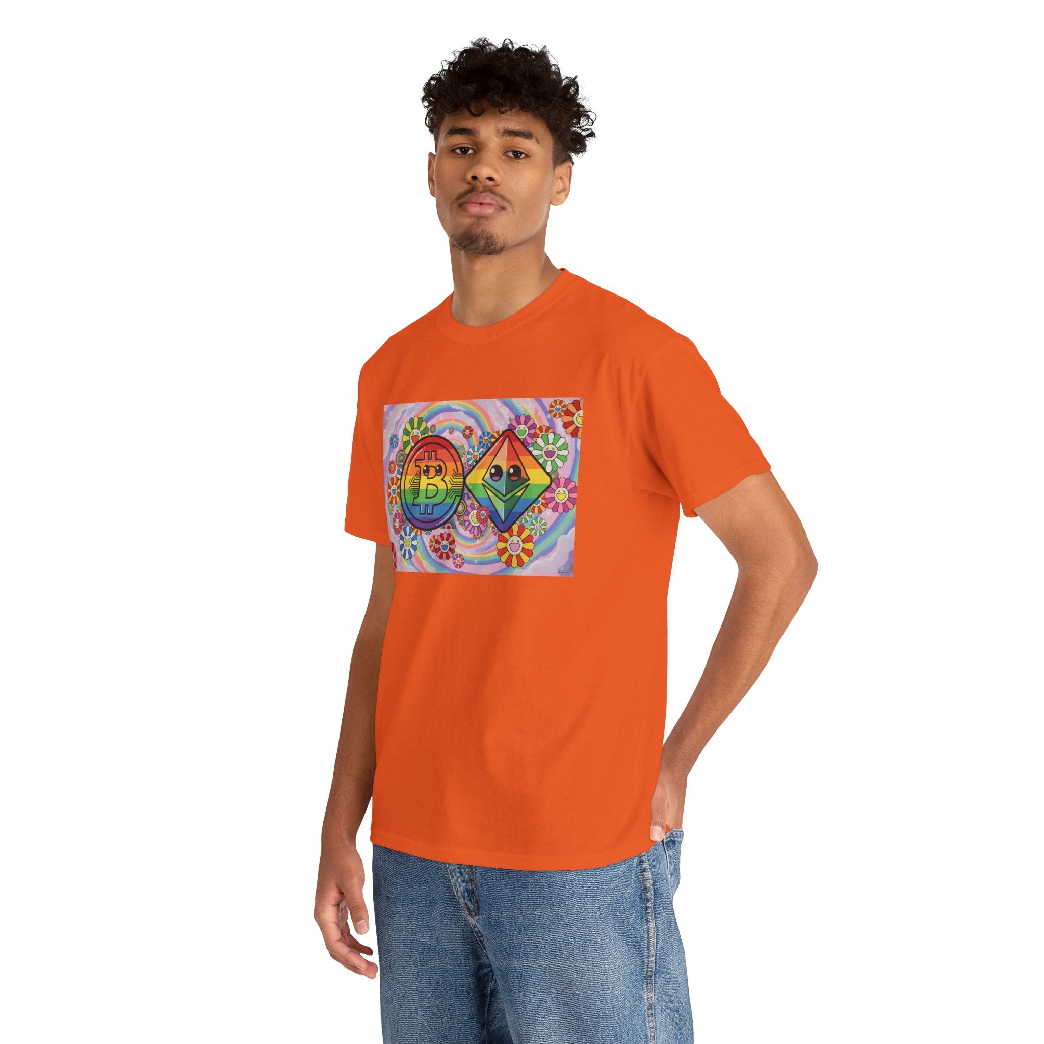 Crypto Rainbow T-Shirt — Bitcoin & Ethereum Hippie Art Tee