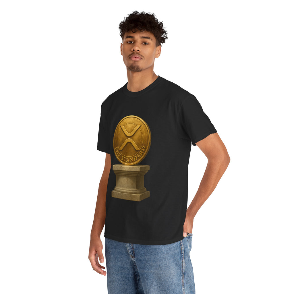 XRP Ledger Trophy T‑Shirt – Gold Ripple Coin on Pedestal Crypto Tee