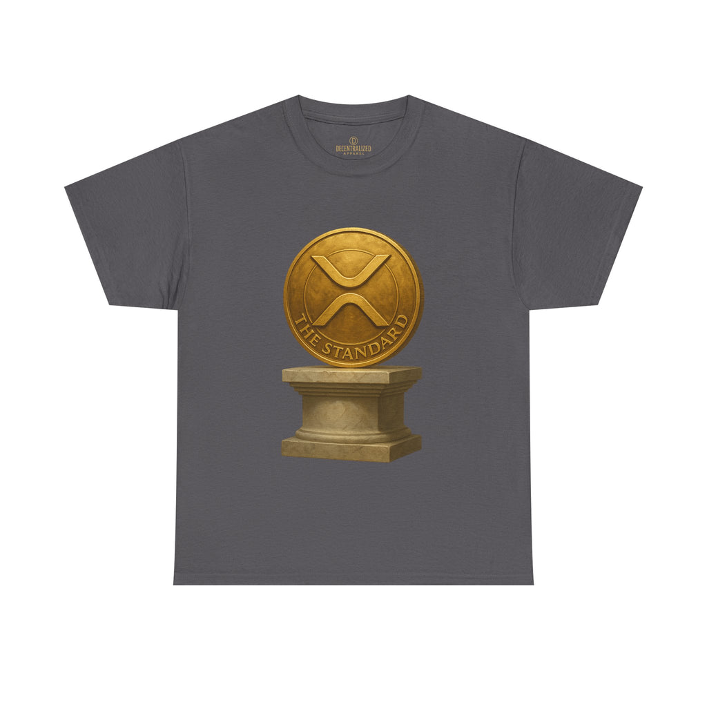 XRP Ledger Trophy T‑Shirt – Gold Ripple Coin on Pedestal Crypto Tee