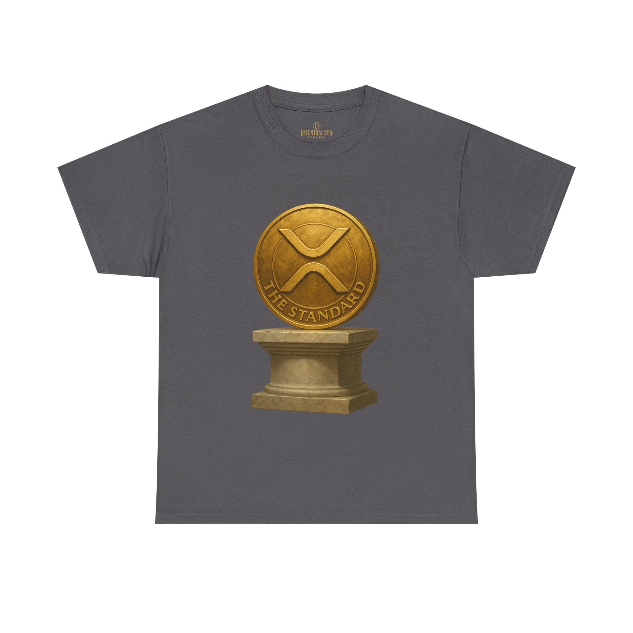 XRP Ledger Trophy T‑Shirt – Gold Ripple Coin on Pedestal Crypto Tee