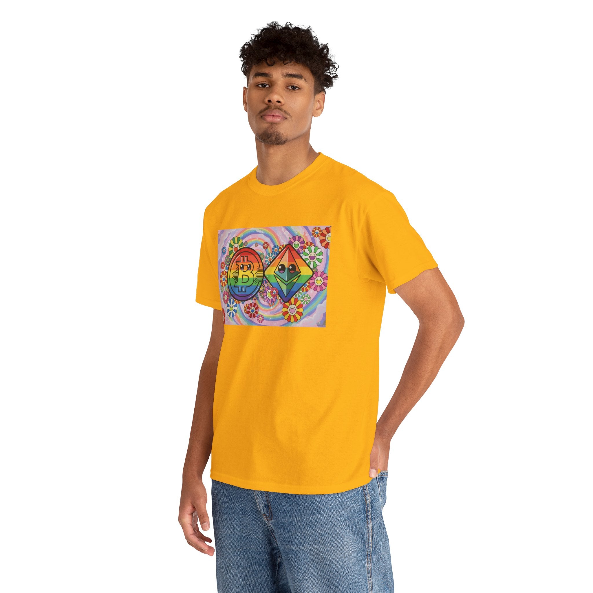 Crypto Rainbow T-Shirt — Bitcoin & Ethereum Hippie Art Tee