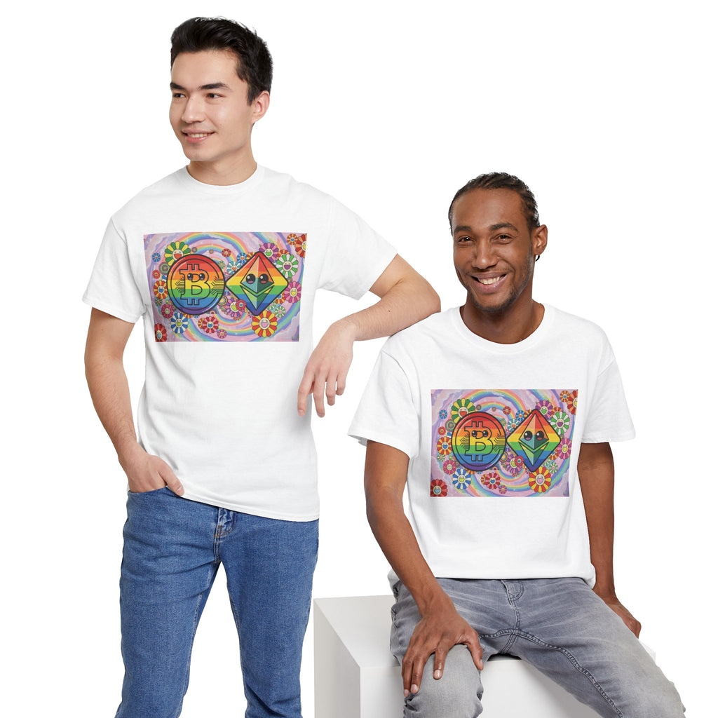 Crypto Rainbow T-Shirt — Bitcoin & Ethereum Hippie Art Tee
