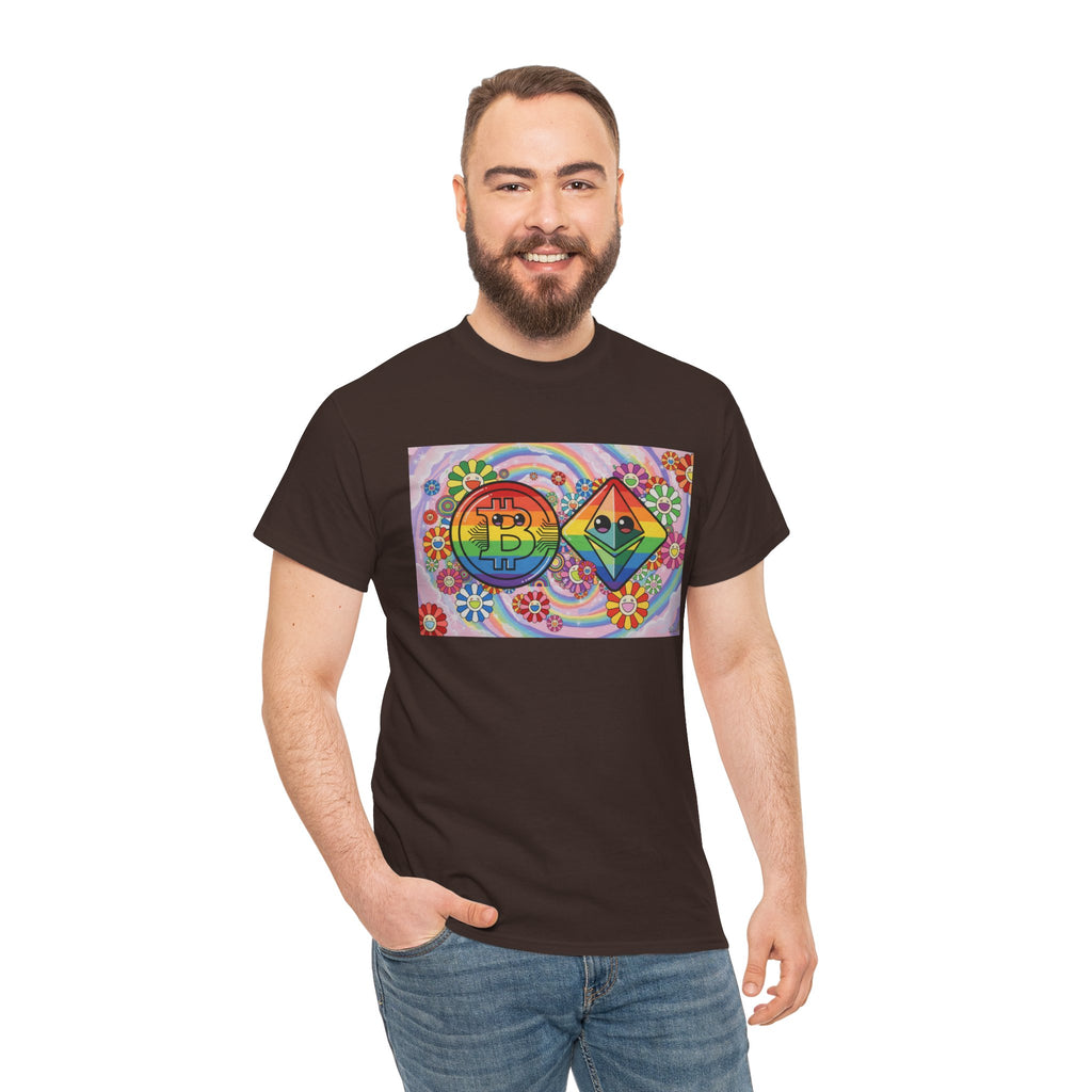 Crypto Rainbow T-Shirt — Bitcoin & Ethereum Hippie Art Tee
