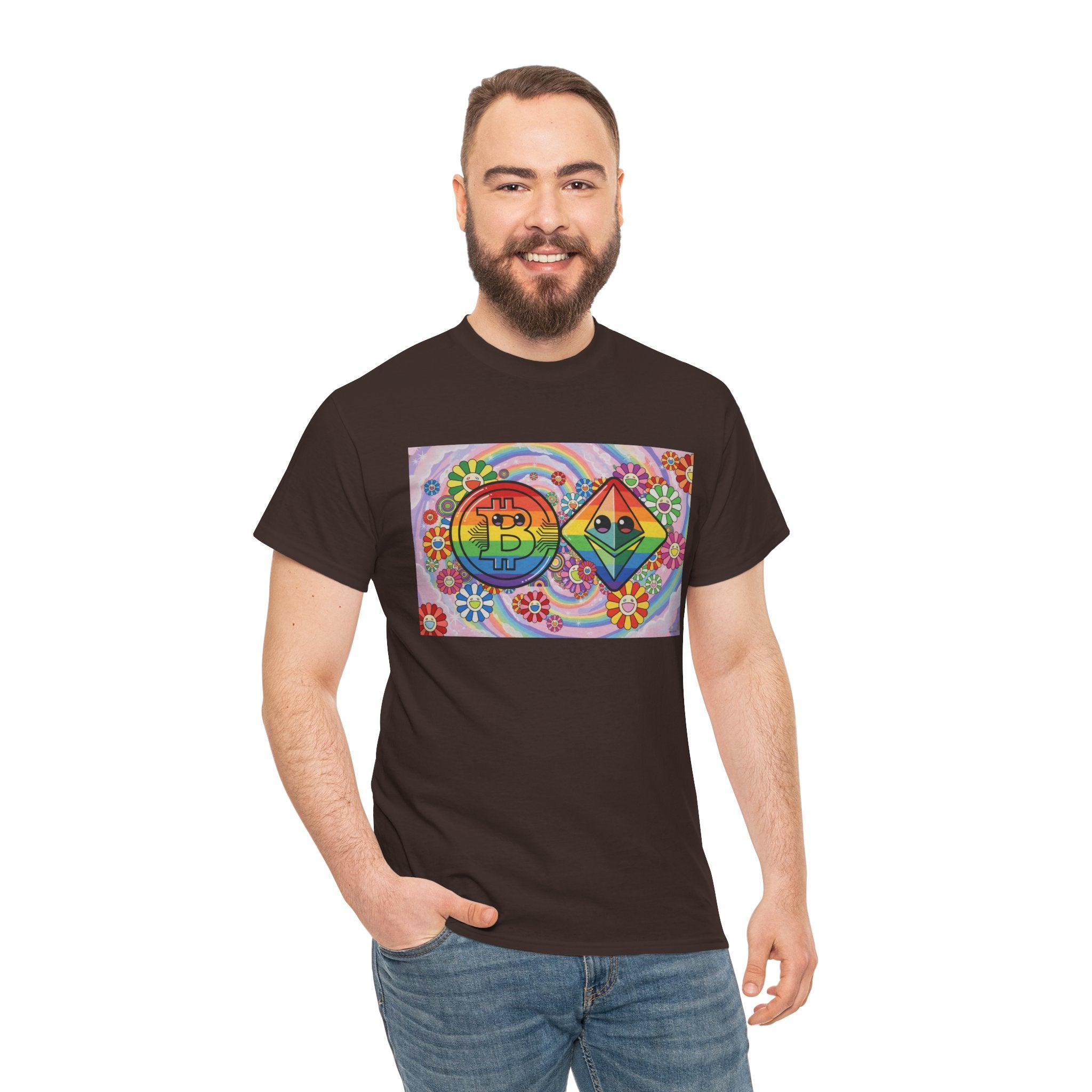 Crypto Rainbow T-Shirt — Bitcoin & Ethereum Hippie Art Tee