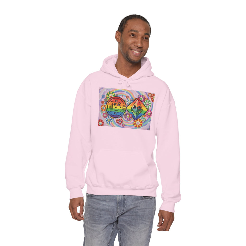 Crypto Flower Power Hoodie — Bitcoin & Ethereum Psychedelic Design