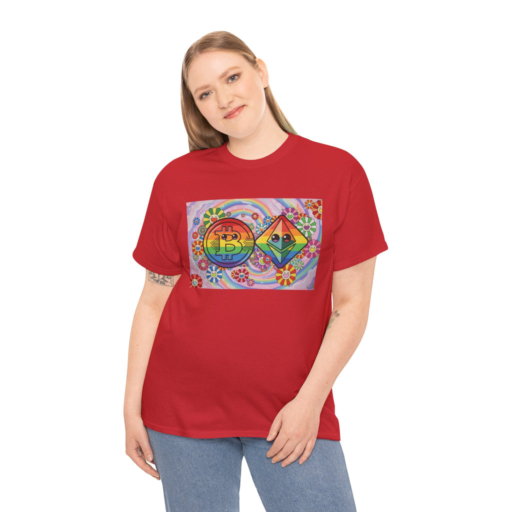 Crypto Rainbow T-Shirt — Bitcoin & Ethereum Hippie Art Tee