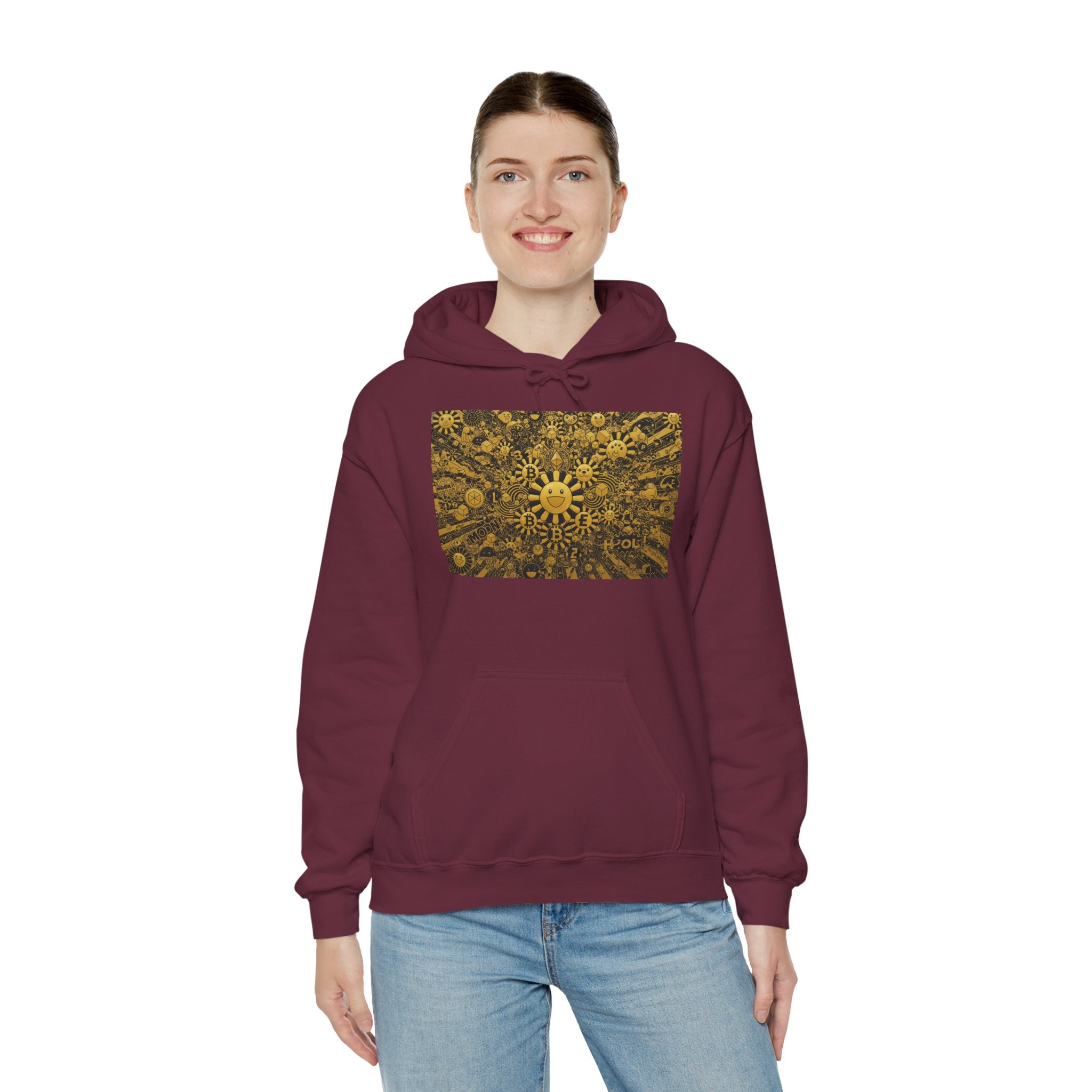 Solar Mandala Hoodie — Golden Sunburst Graphic Pullover