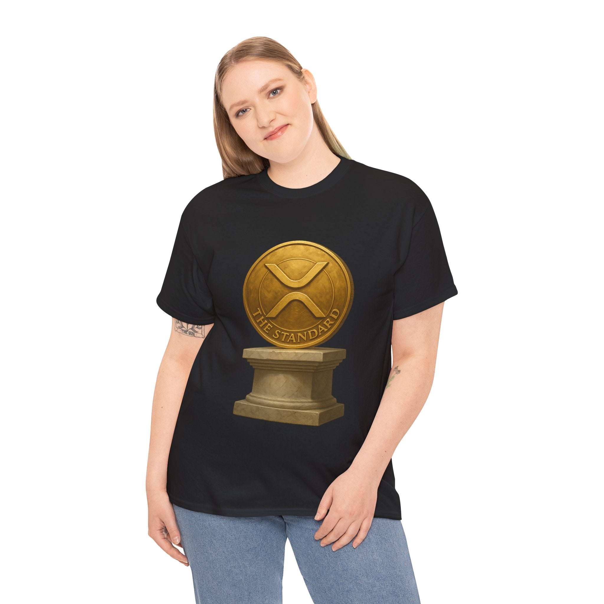 XRP Ledger Trophy T‑Shirt – Gold Ripple Coin on Pedestal Crypto Tee