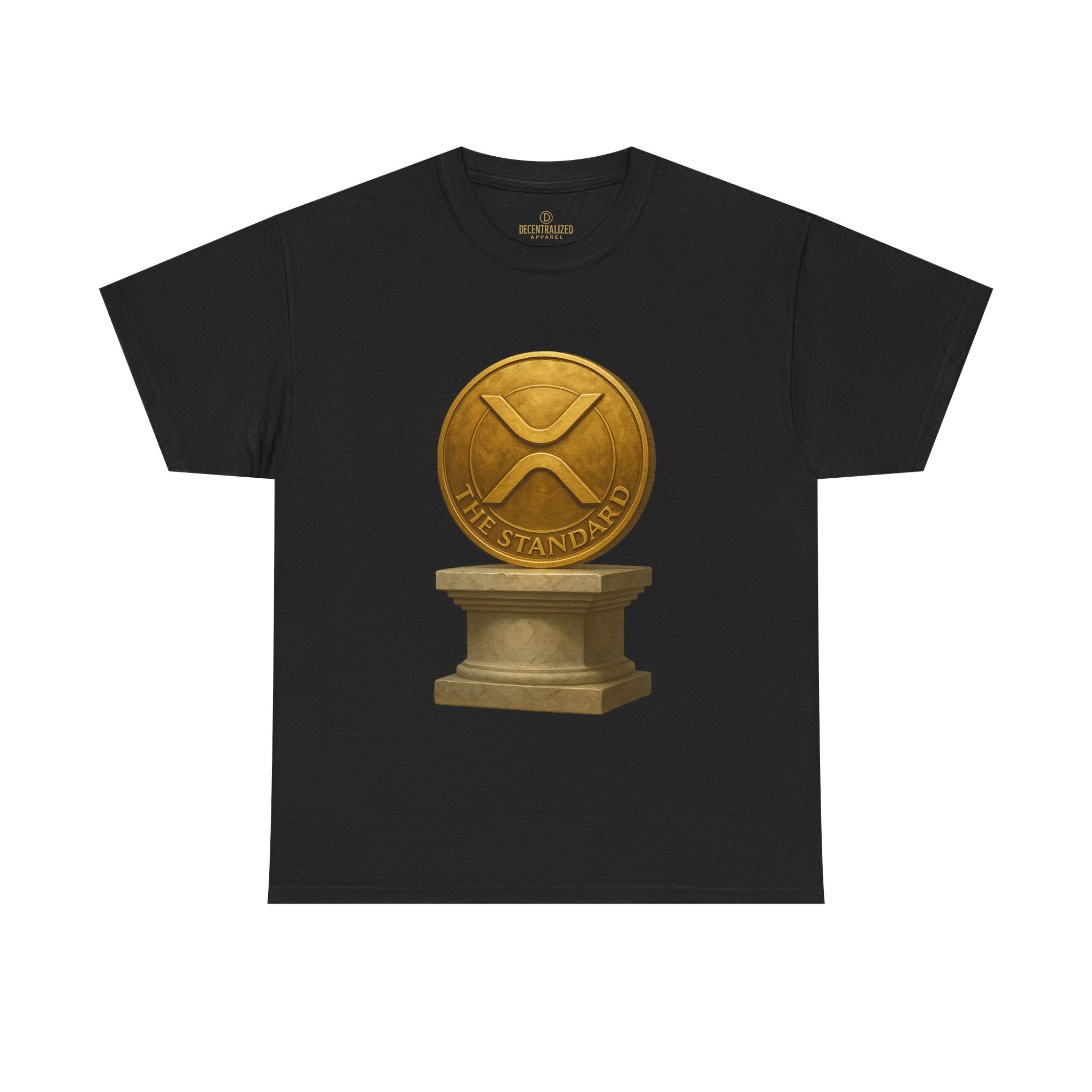 XRP Ledger Trophy T‑Shirt – Gold Ripple Coin on Pedestal Crypto Tee