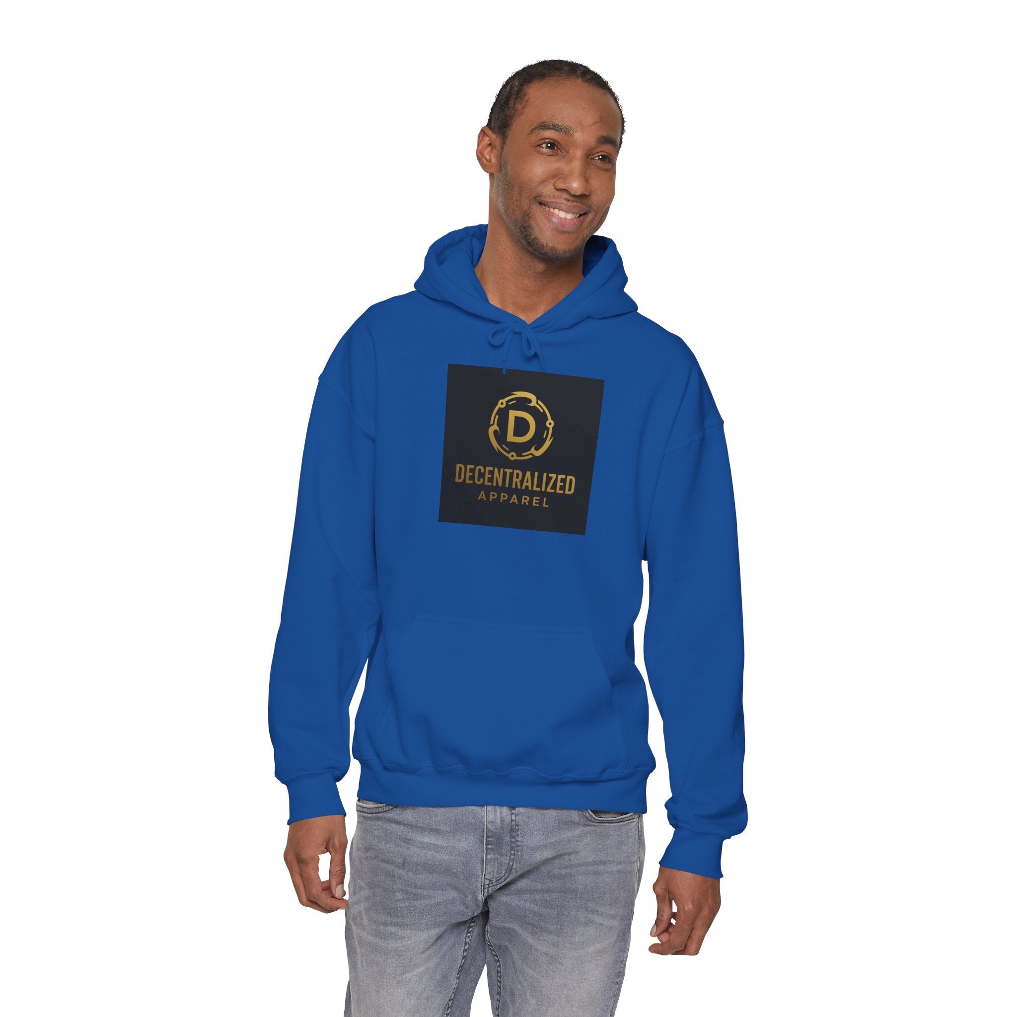 Decentralized Apparel Logo Hoodie – Gold Emblem Streetwear Sweatshirt