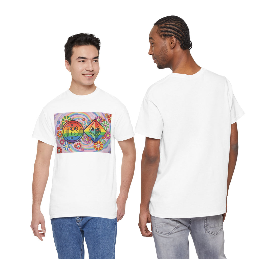 Crypto Rainbow T-Shirt — Bitcoin & Ethereum Hippie Art Tee