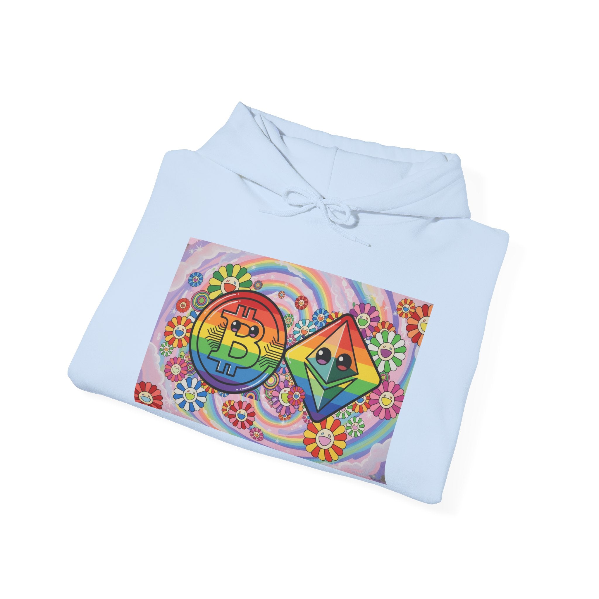 Crypto Flower Power Hoodie — Bitcoin & Ethereum Psychedelic Design
