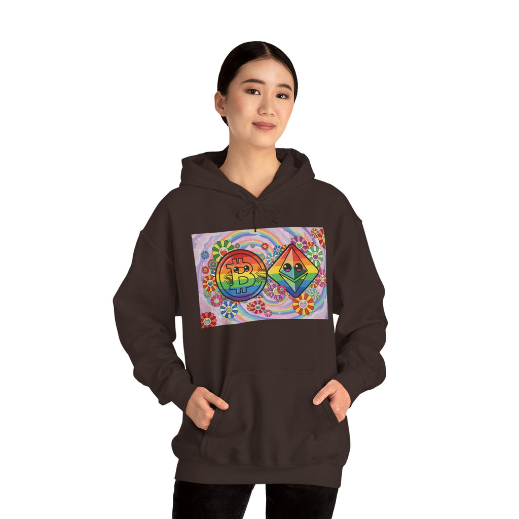 Crypto Flower Power Hoodie — Bitcoin & Ethereum Psychedelic Design