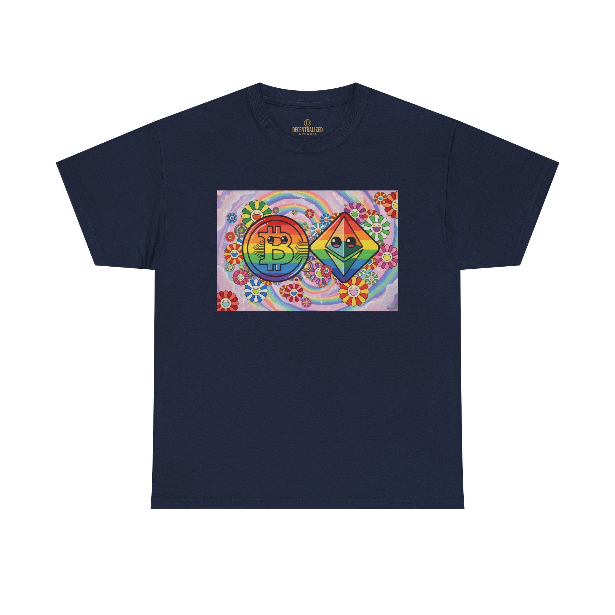 Crypto Rainbow T-Shirt — Bitcoin & Ethereum Hippie Art Tee