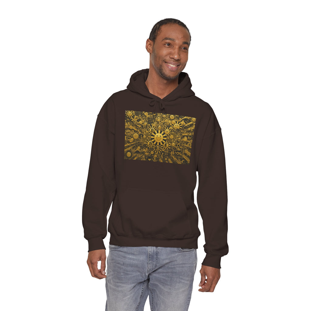 Solar Mandala Hoodie — Golden Sunburst Graphic Pullover