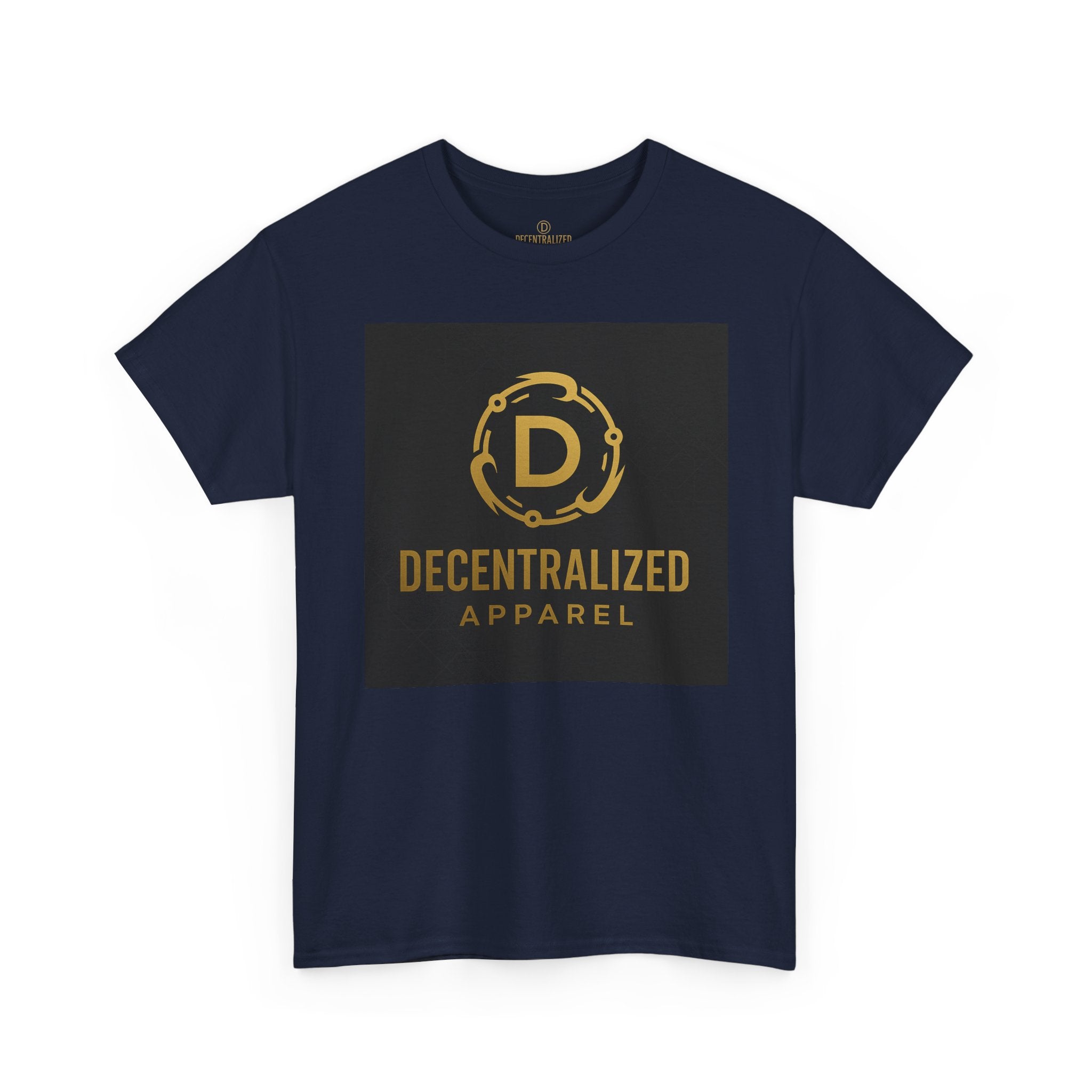 Decentralized Apparel Logo Tee — Gold Emblem Cotton T-Shirt