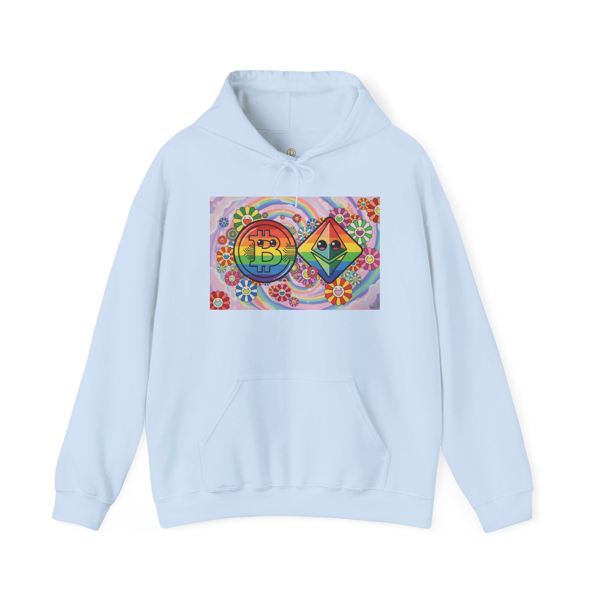 Crypto Flower Power Hoodie — Bitcoin & Ethereum Psychedelic Design