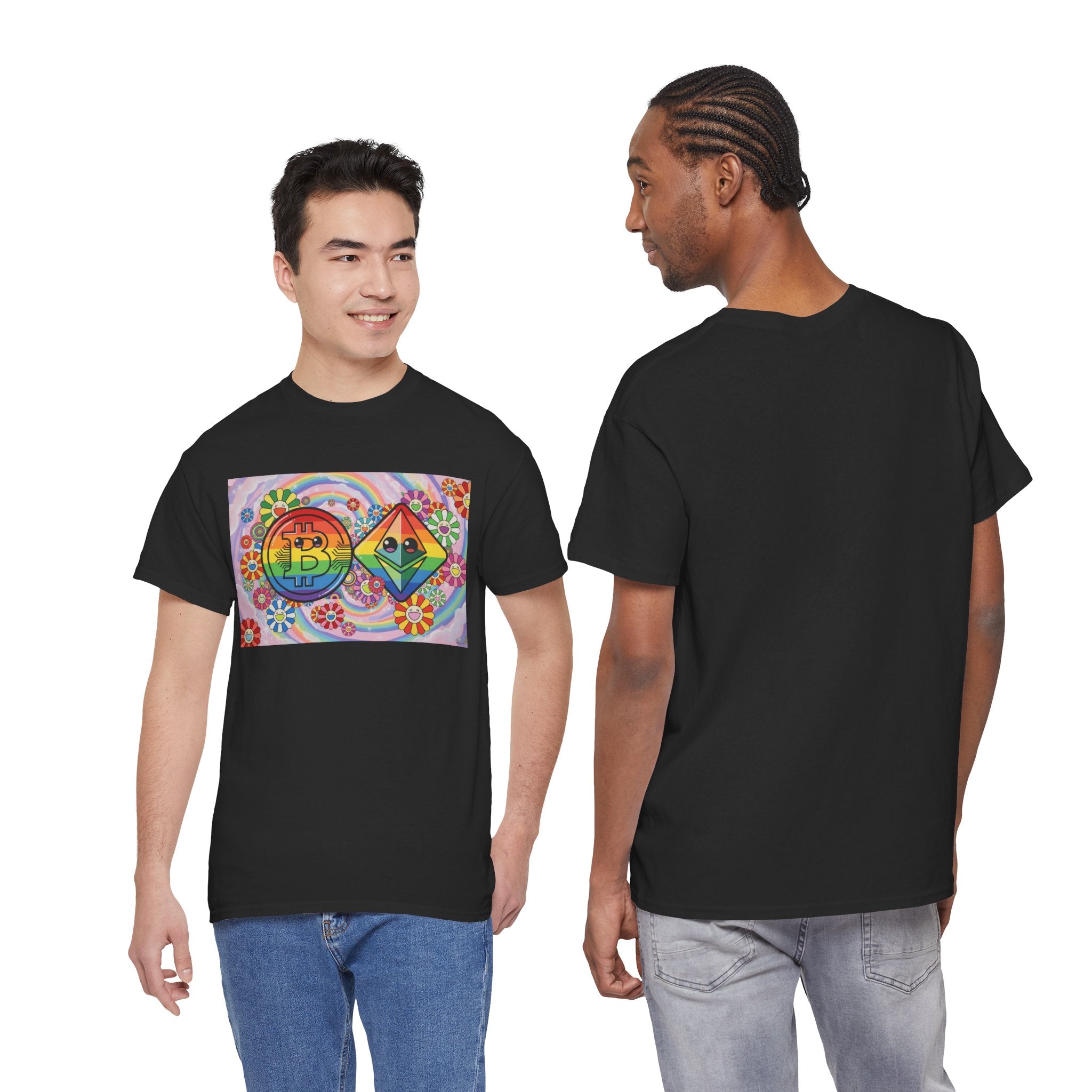 Crypto Rainbow T-Shirt — Bitcoin & Ethereum Hippie Art Tee