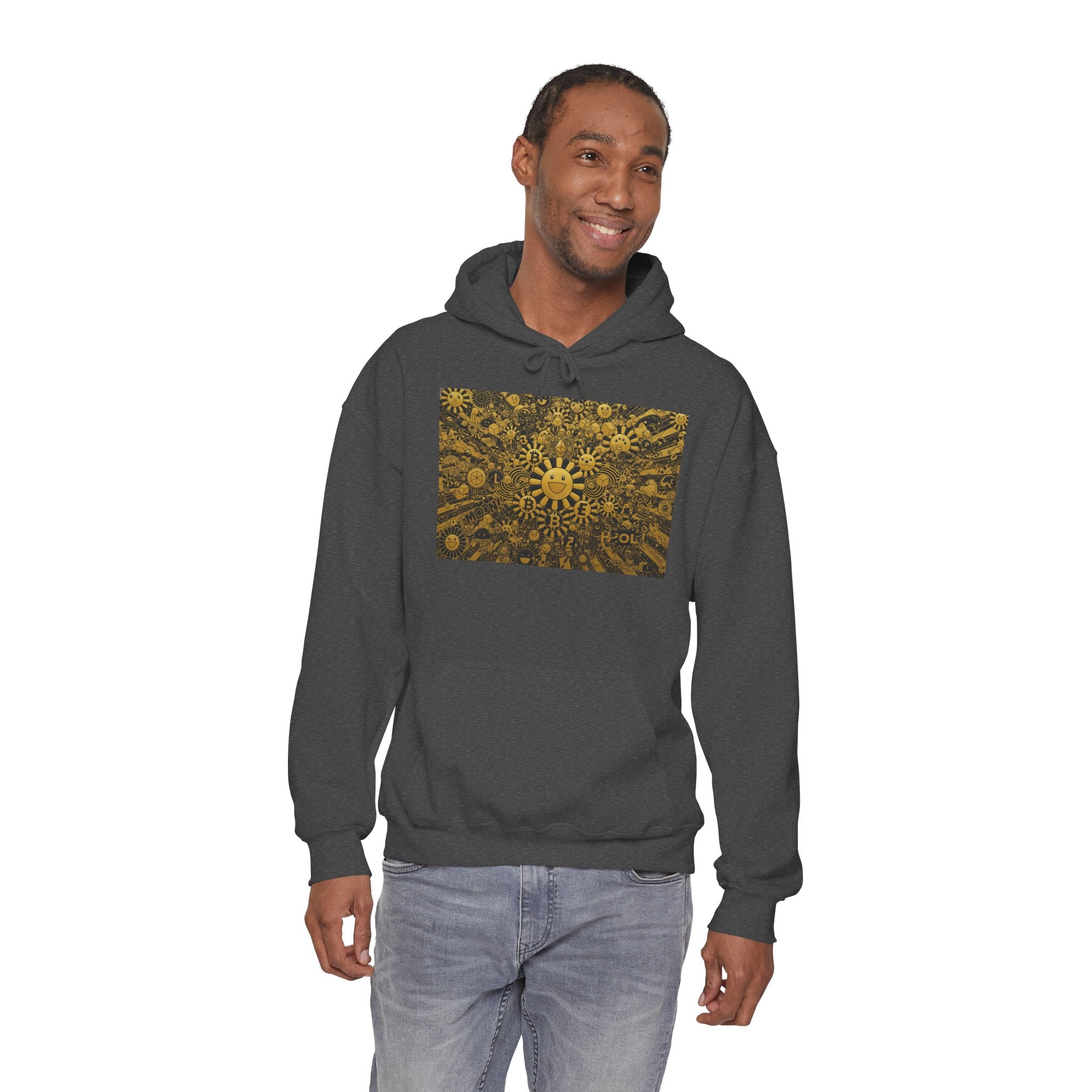 Solar Mandala Hoodie — Golden Sunburst Graphic Pullover